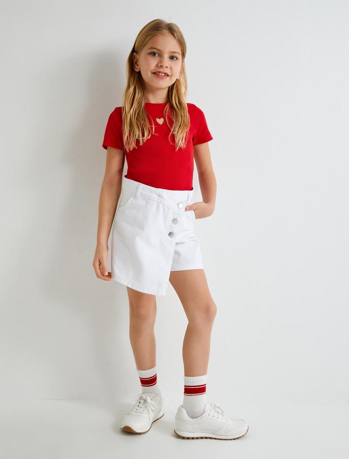 Kız Çocuk Tişört Kısa Kollu Bisiklet Yaka Kalp Pencere Detaylı Kaşkorse