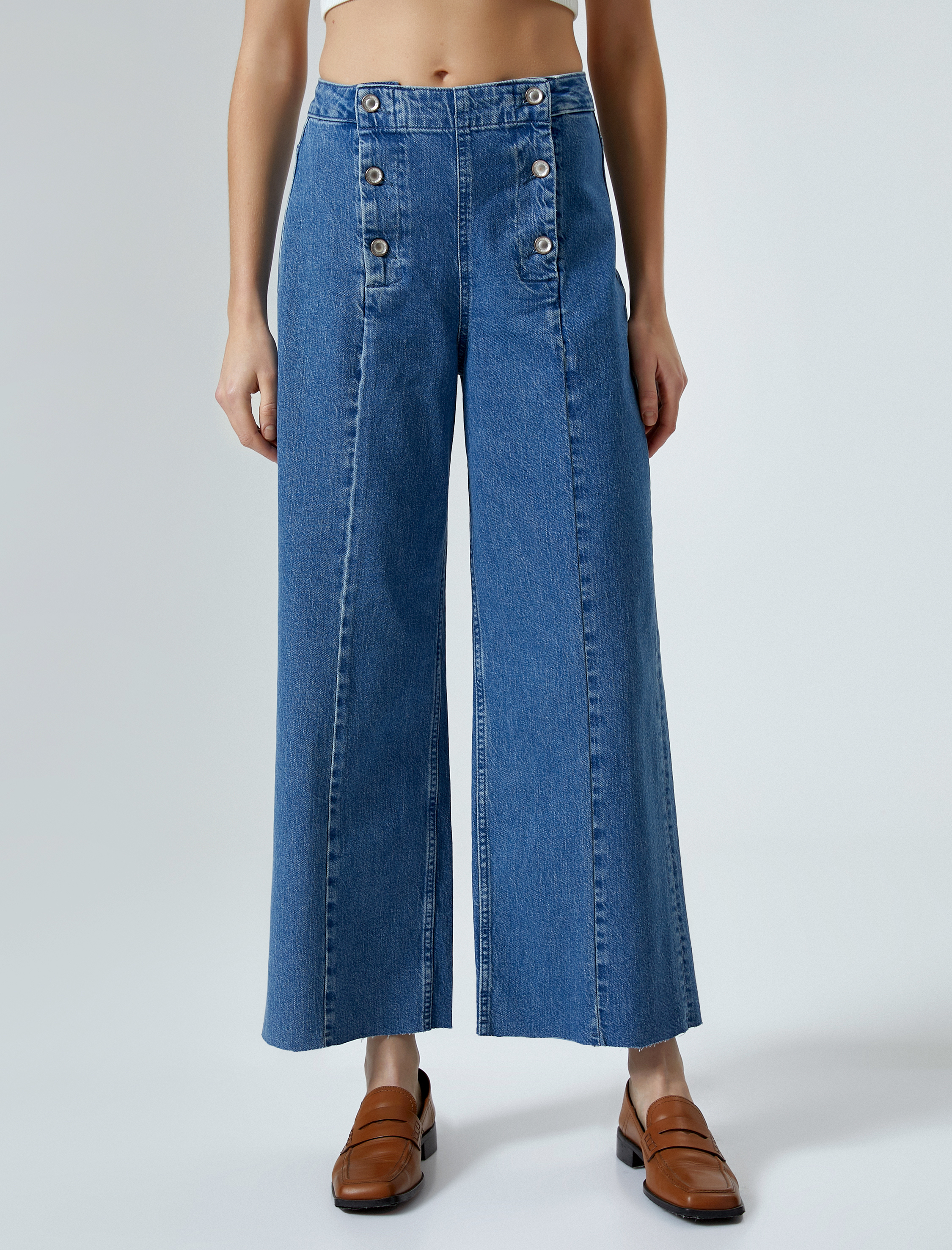   Geniş Kısa Paça Kot Pantolon Düğmeli Yüksek Bel - Sandra Jeans