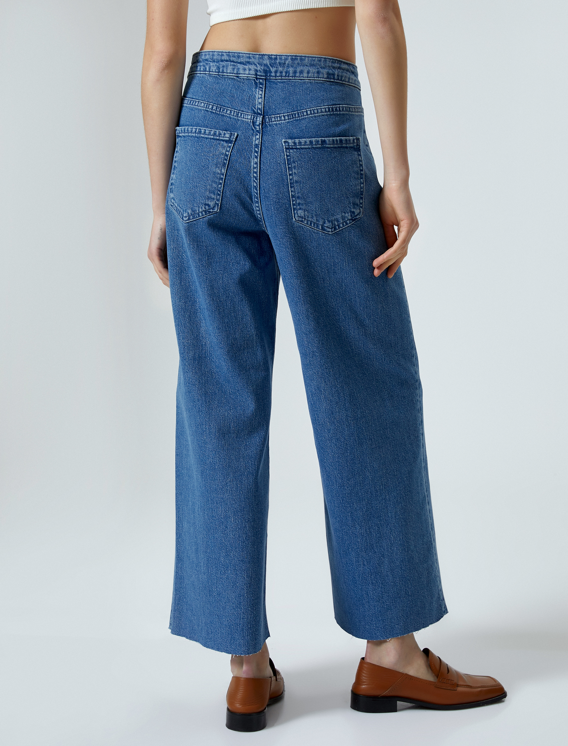   Geniş Kısa Paça Kot Pantolon Düğmeli Yüksek Bel - Sandra Jeans