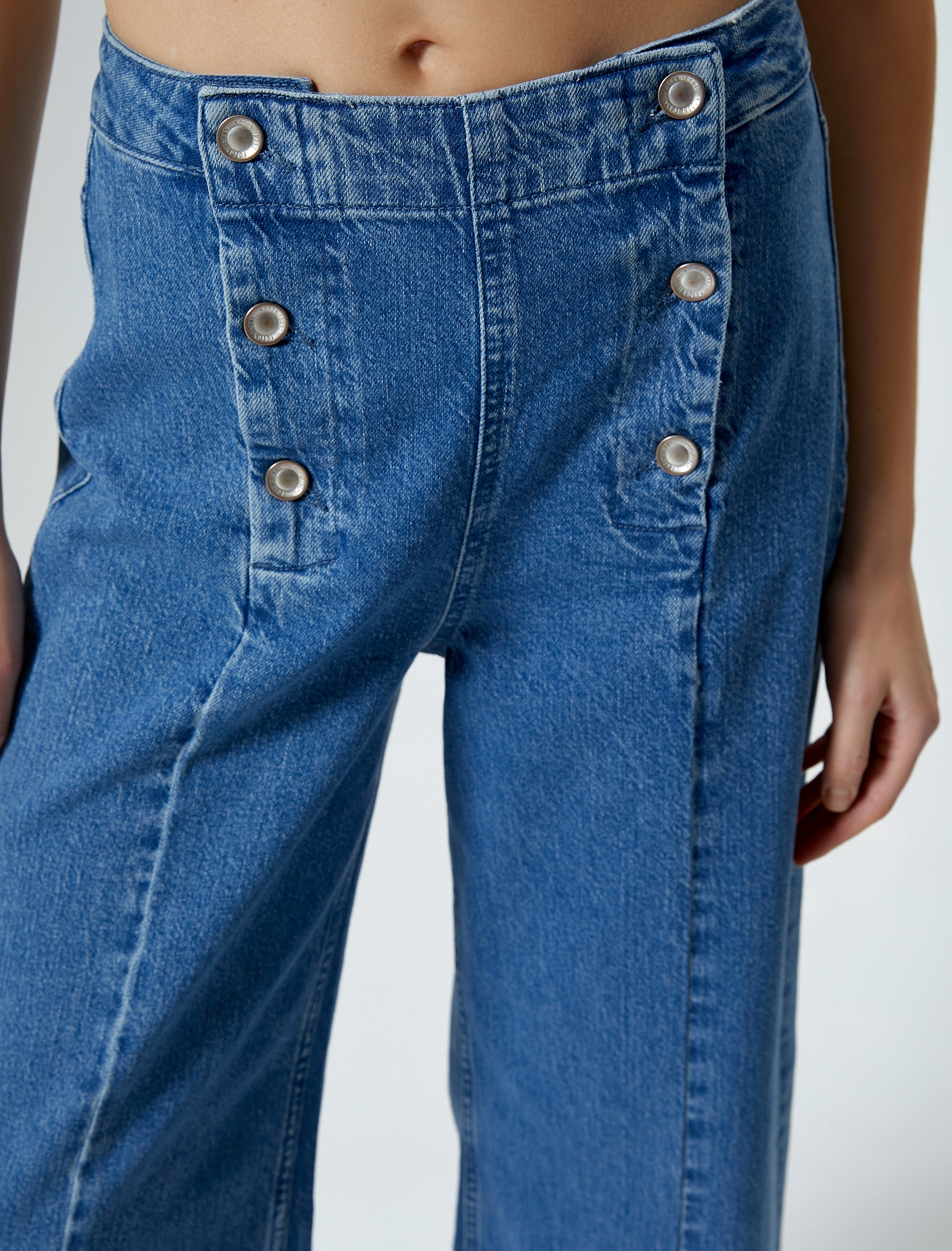   Geniş Kısa Paça Kot Pantolon Düğmeli Yüksek Bel - Sandra Jeans