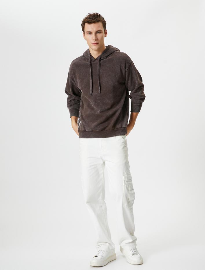  Yıkamalı Hoodie Kapşonlu Slogan Baskılı Rahat Kesim