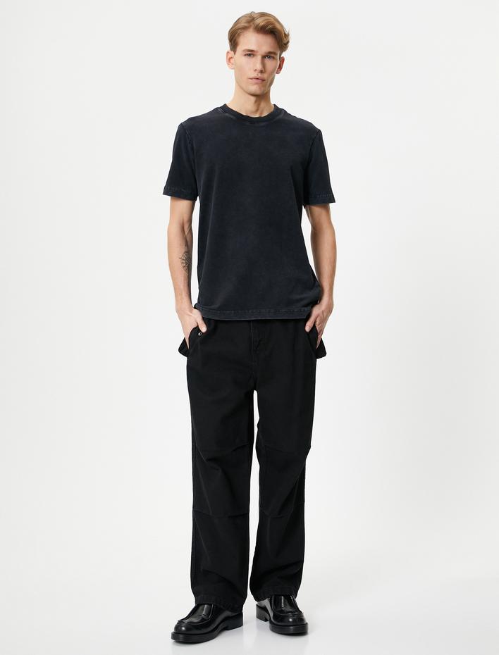  Yıkamalı Tişört Bisiklet Yaka Kısa Kollu Pamuklu