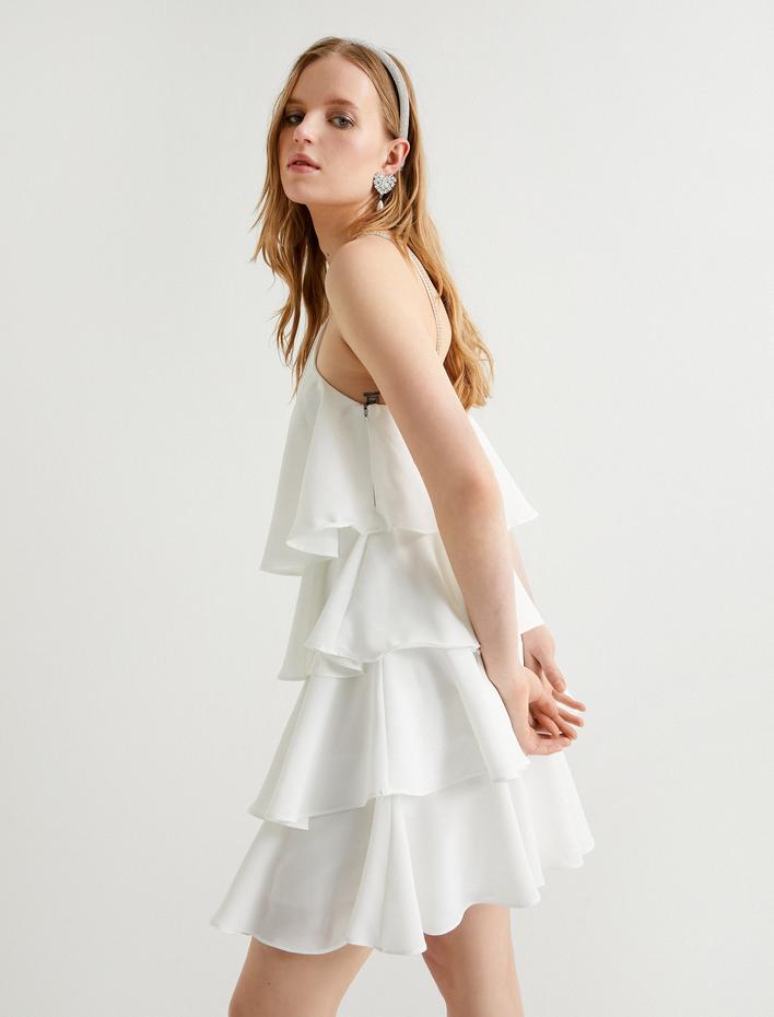  Katlı Bridal Mini Elbise Halter Yaka Taş Detaylı Astarlı