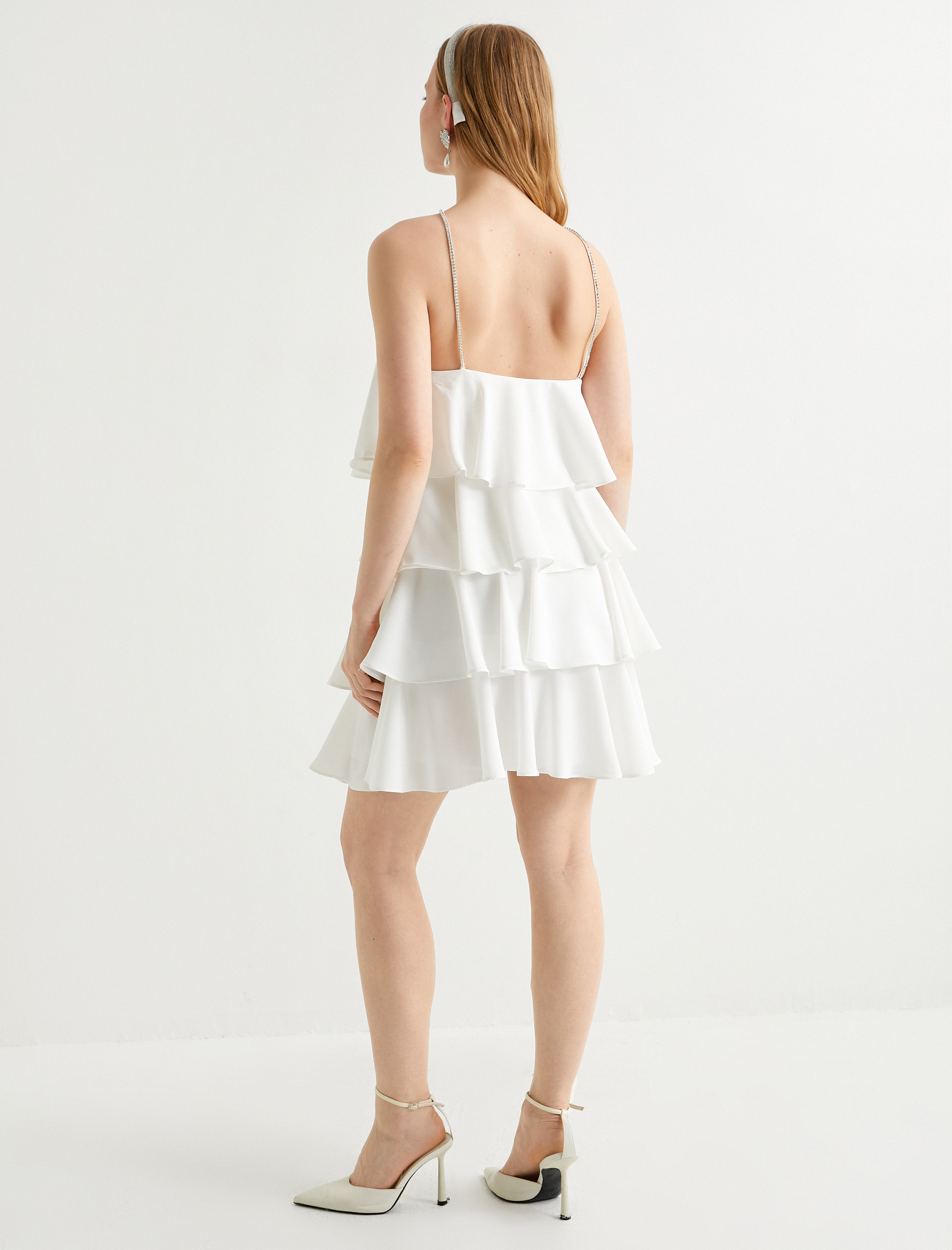   Katlı Bridal Mini Elbise Halter Yaka Taş Detaylı Astarlı