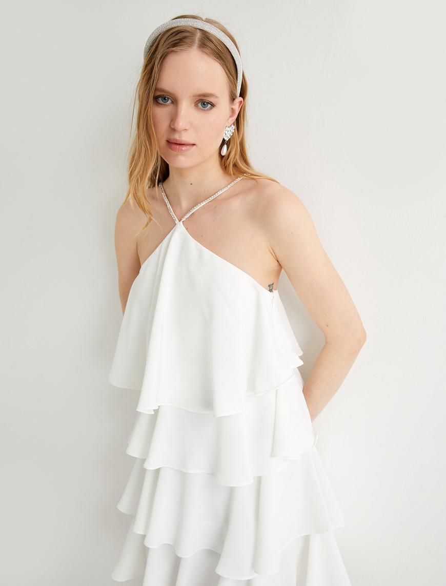   Katlı Bridal Mini Elbise Halter Yaka Taş Detaylı Astarlı