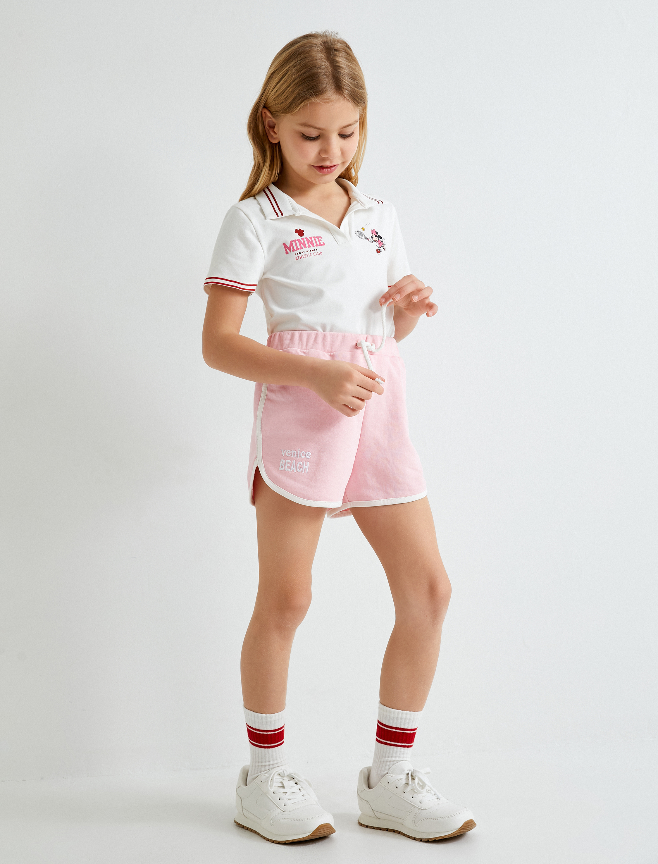  Kız Çocuk Slogan İşlemeli Şort Rahat Kesim Beli Bağcıklı Biyeli