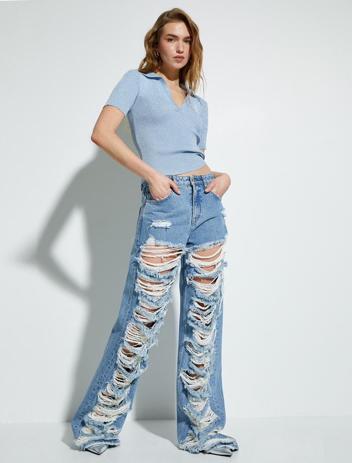  Polo Yaka Triko Kazak Kısa Kollu Simli