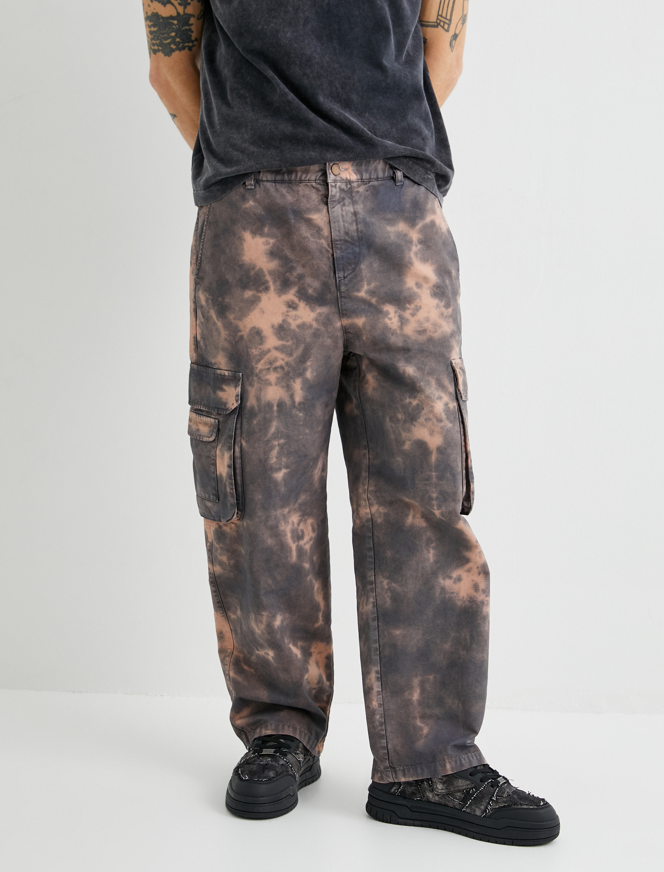   Düğmeli Beli Lastikli Batik Desenli Kargo Cepli Pantolon