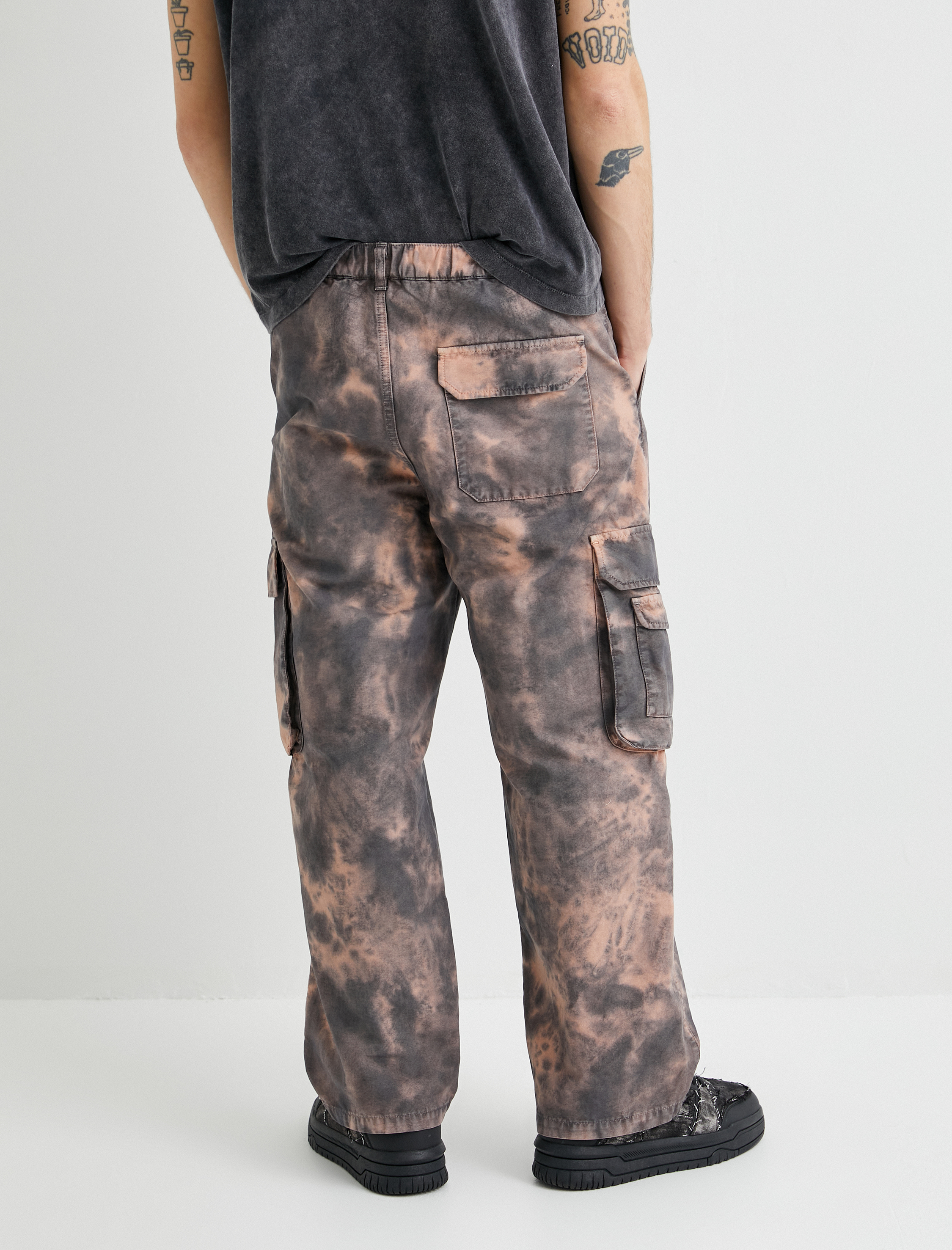   Düğmeli Beli Lastikli Batik Desenli Kargo Cepli Pantolon