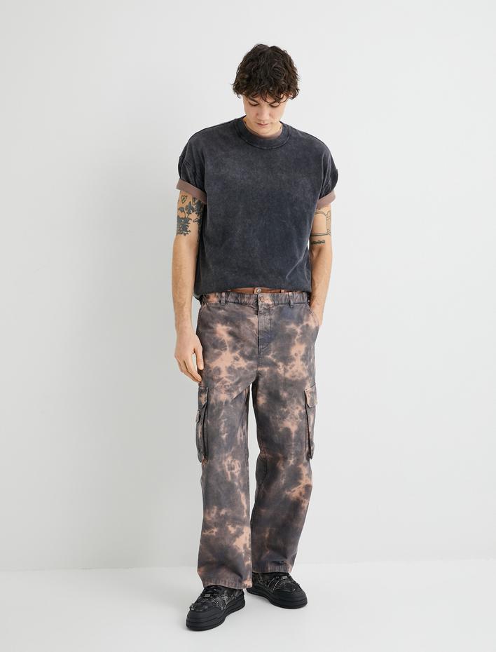  Düğmeli Beli Lastikli Batik Desenli Kargo Cepli Pantolon