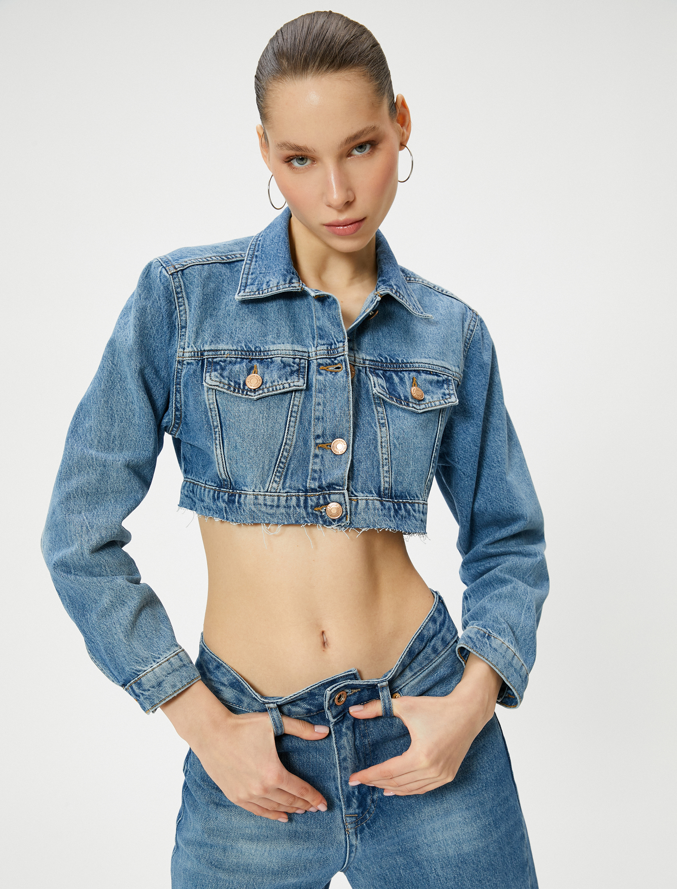   Crop Kot Ceket Gömlek Yaka Kapaklı Çift Cep Rahat Kalıp Pamuklu