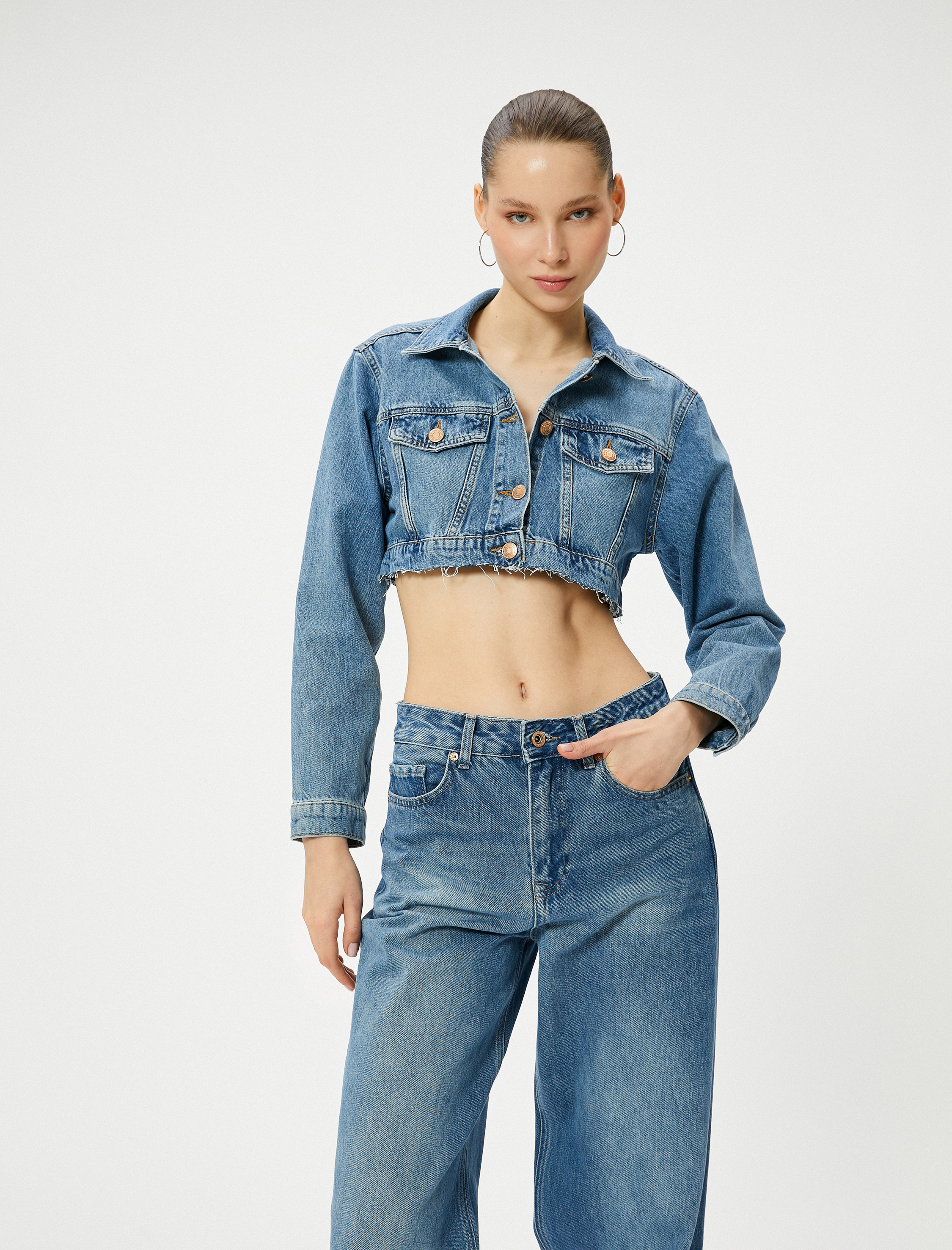   Crop Kot Ceket Gömlek Yaka Kapaklı Çift Cep Rahat Kalıp Pamuklu