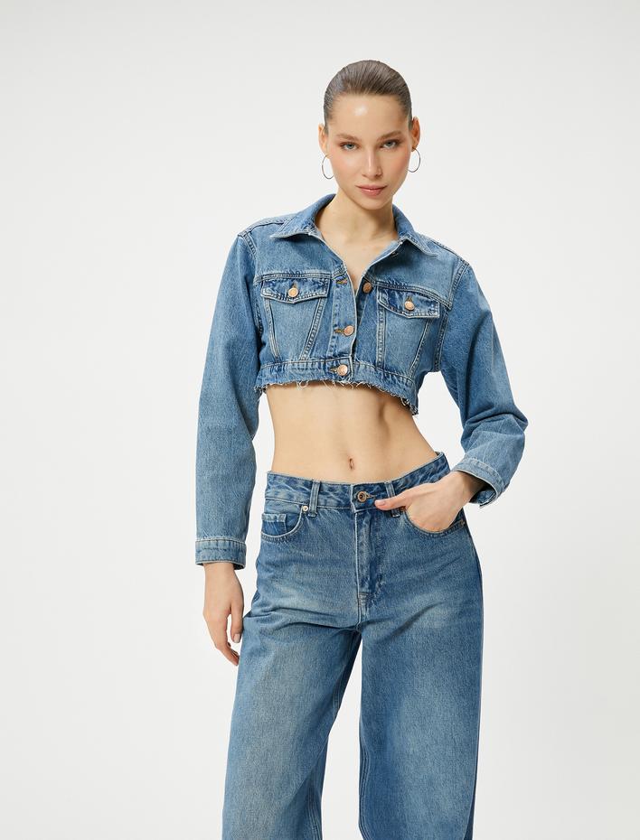  Crop Kot Ceket Gömlek Yaka Kapaklı Çift Cep Rahat Kalıp Pamuklu