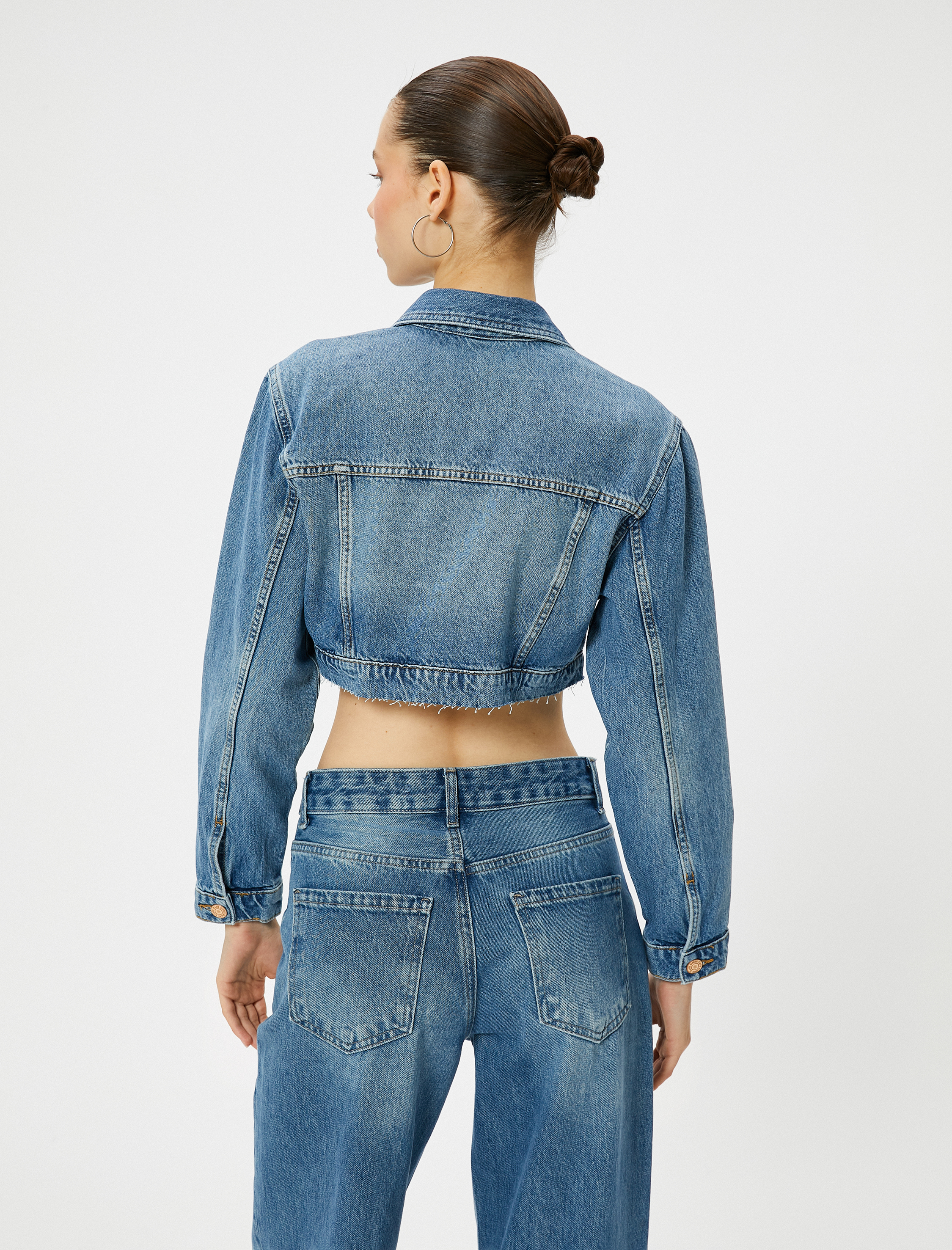   Crop Kot Ceket Gömlek Yaka Kapaklı Çift Cep Rahat Kalıp Pamuklu