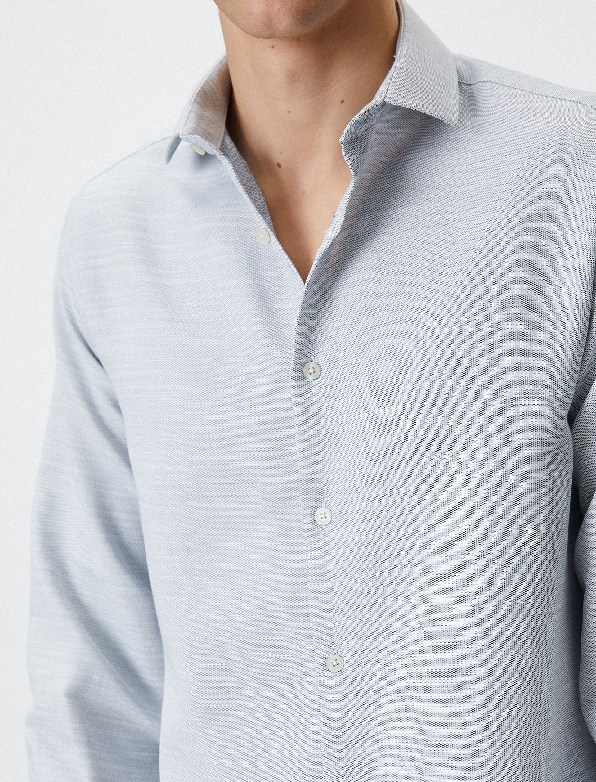   Slim Fit Gömlek Yarım İtalyan Yaka Düğmeli Uzun Kollu