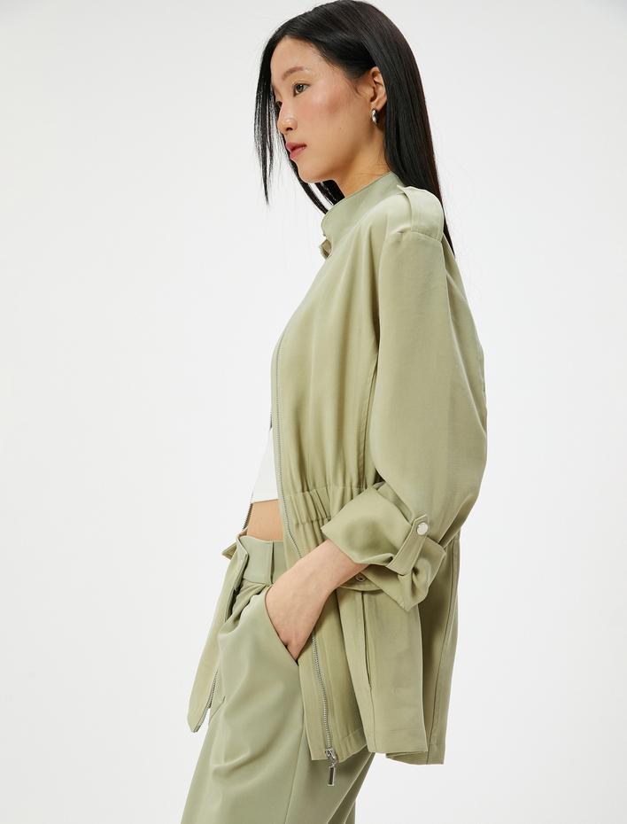  Fermuarlı Trençkot Beli Lastikli Kapaklı Cepli Dik Yaka