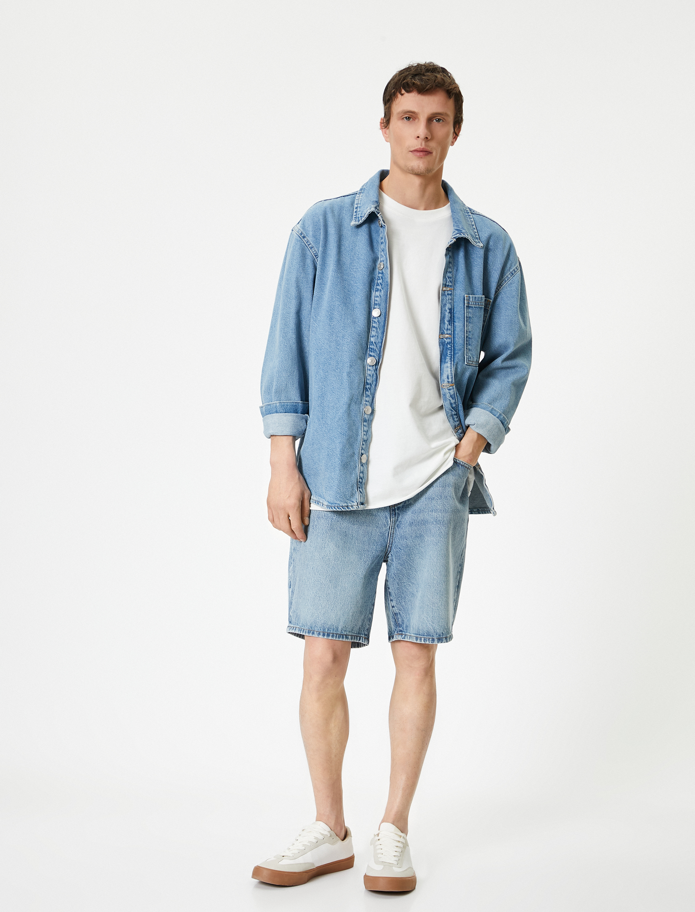 Oversize Kot Şort Düğmeli Cep Detaylı