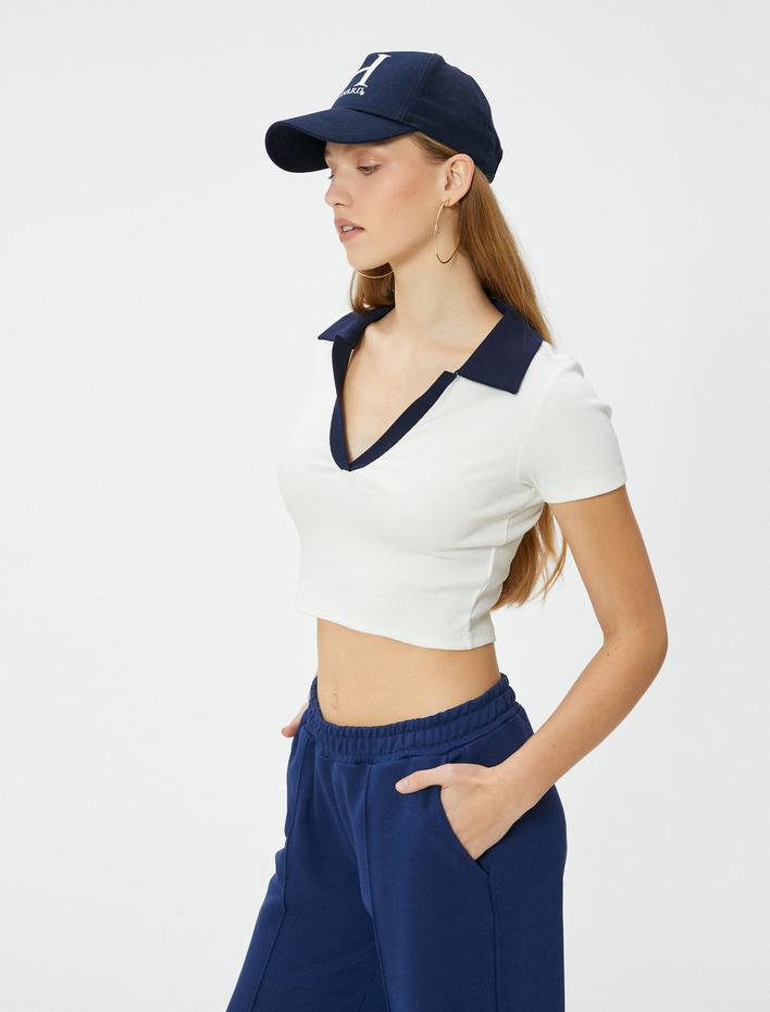  Polo Yaka Crop Tişört Renk Kontrastlı Kısa Kollu Slim Fit