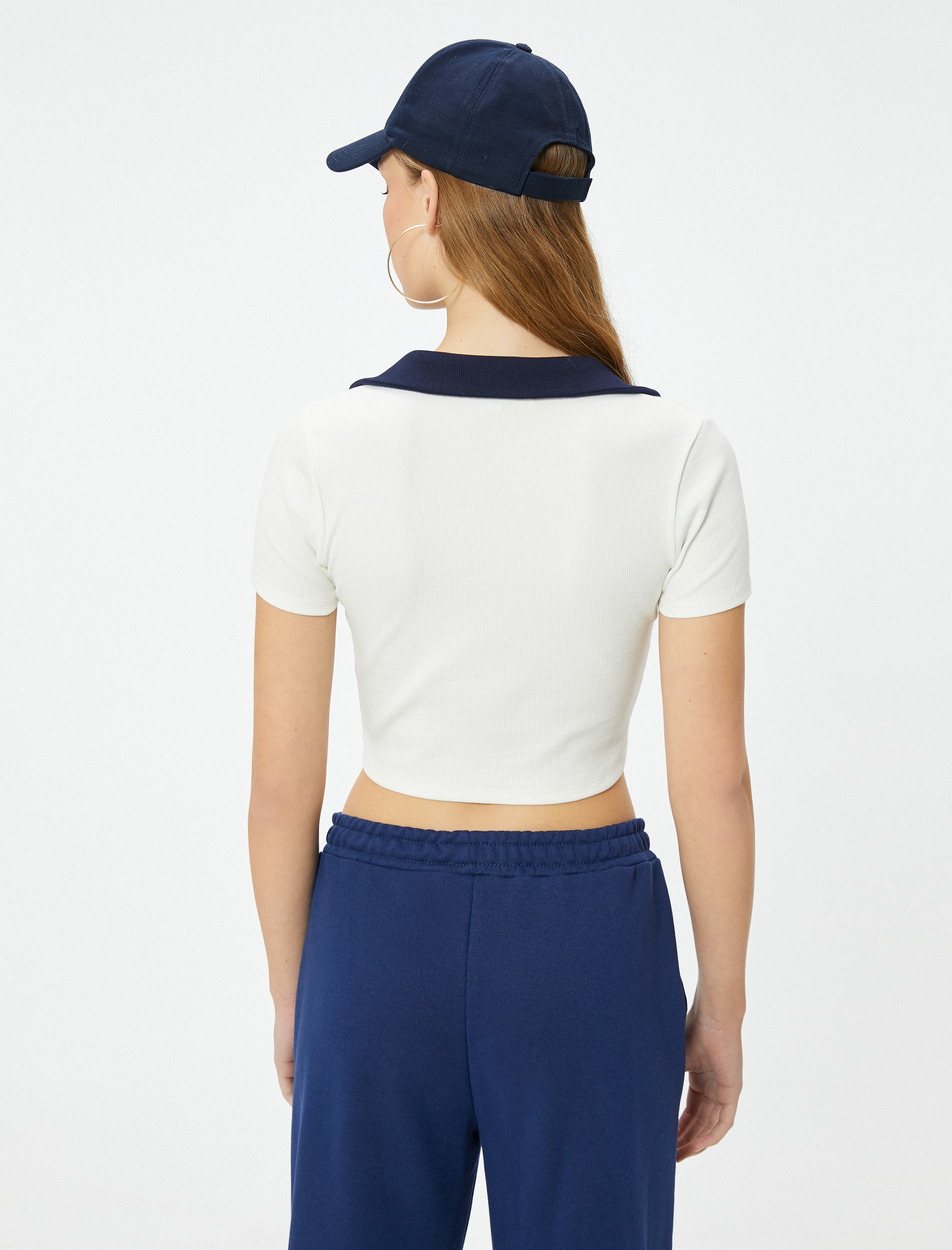   Polo Yaka Crop Tişört Renk Kontrastlı Kısa Kollu Slim Fit