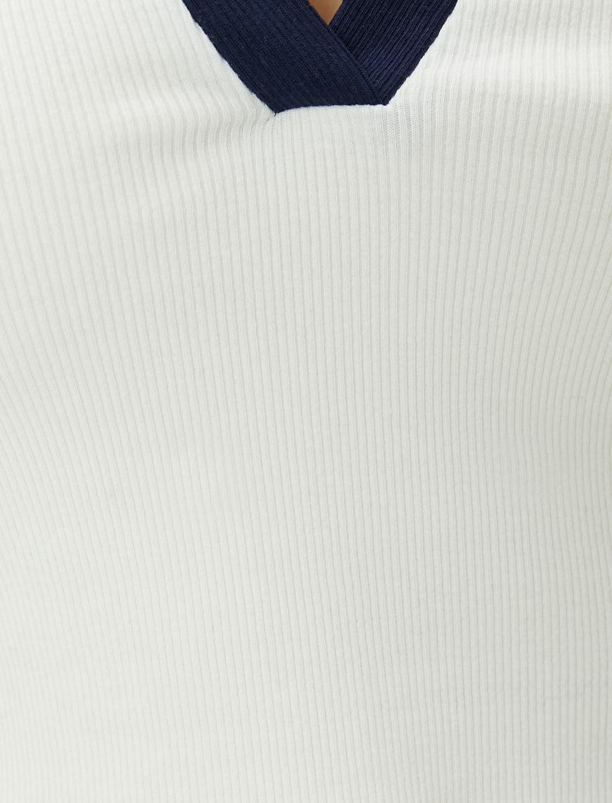   Polo Yaka Crop Tişört Renk Kontrastlı Kısa Kollu Slim Fit