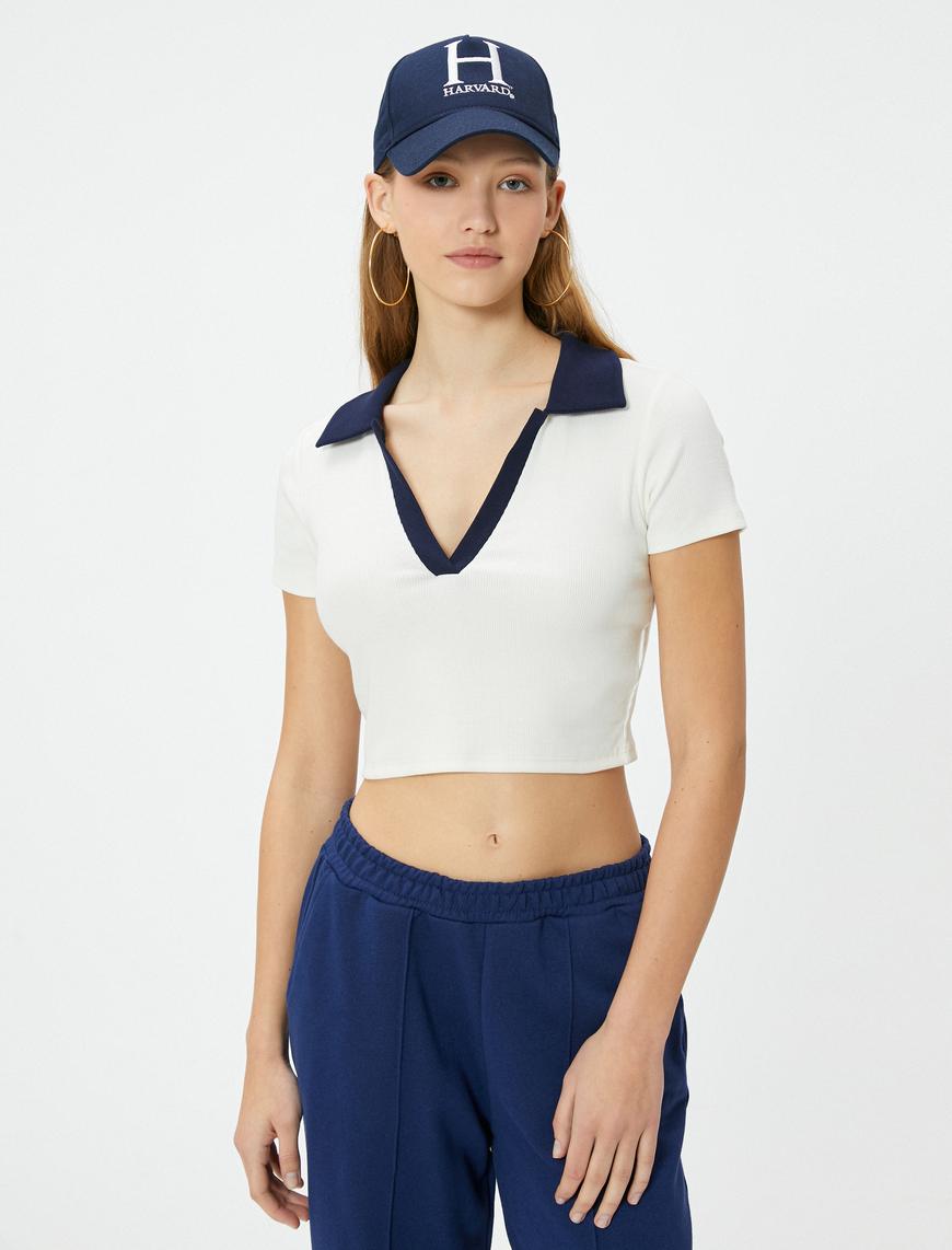   Polo Yaka Crop Tişört Renk Kontrastlı Kısa Kollu Slim Fit
