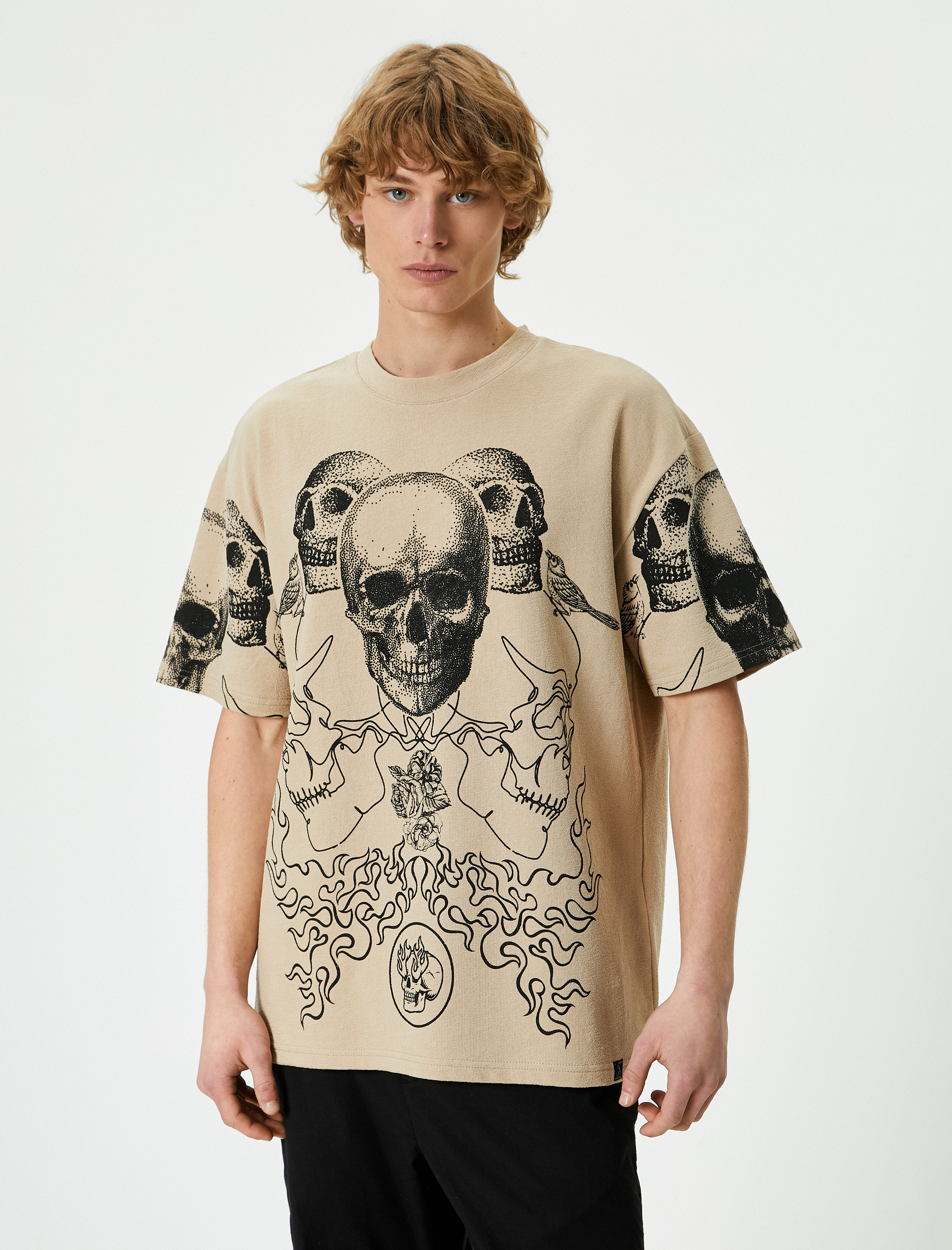   Oversize Tişört Kuru Kafa Baskılı Bisiklet Yaka