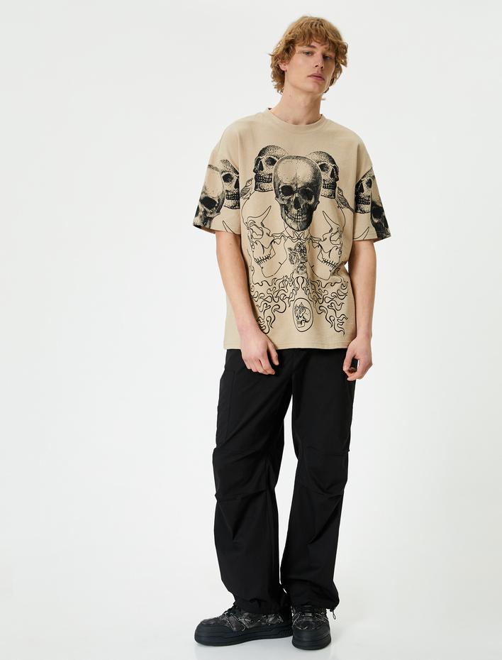  Oversize Tişört Kuru Kafa Baskılı Bisiklet Yaka