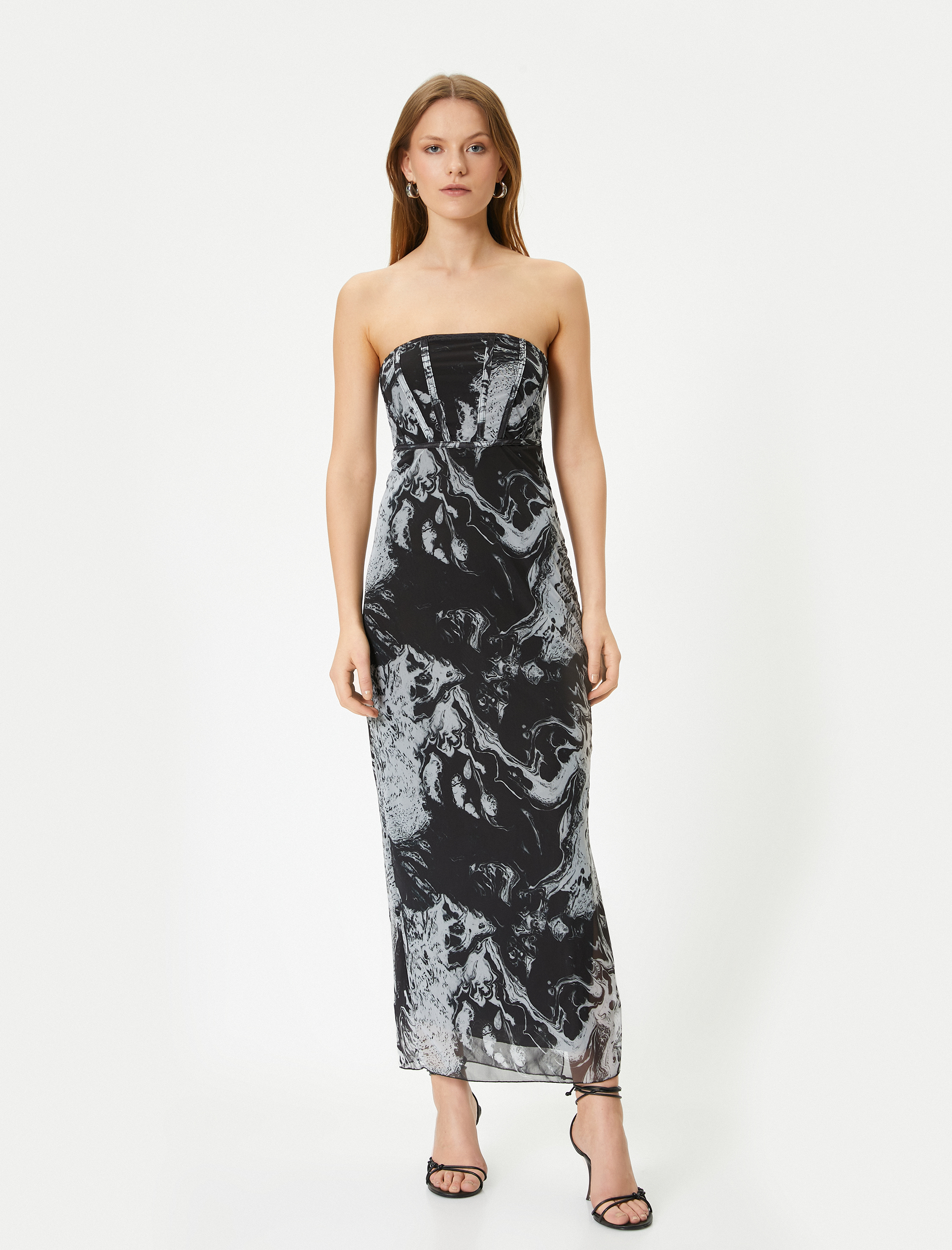   Straplez Midi Elbise Korse Detaylı