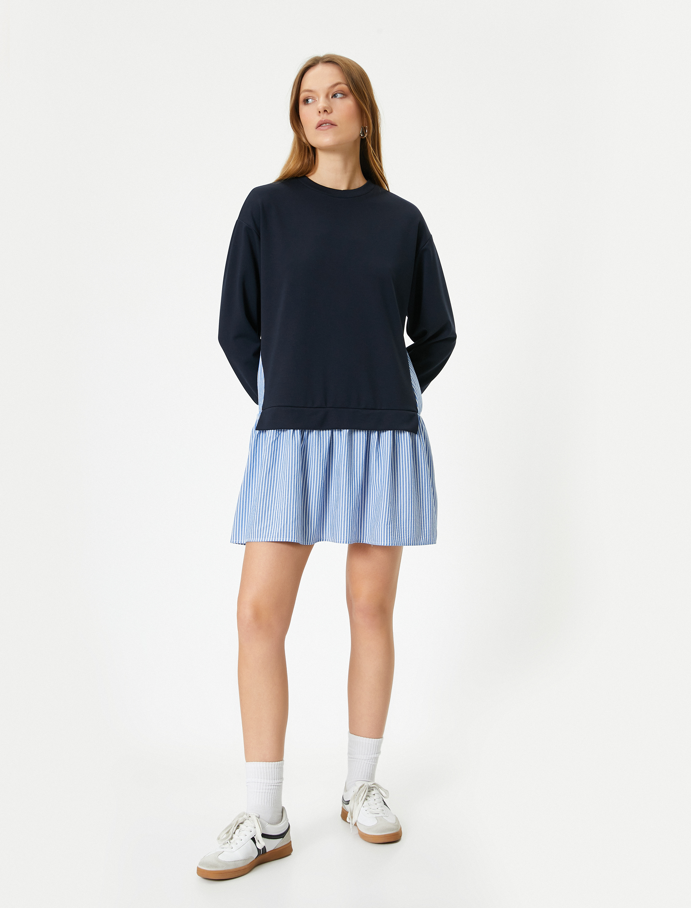   Sweat Elbise Mini Çift Parça Görünümlü Bisiklet Yaka Uzun Kollu