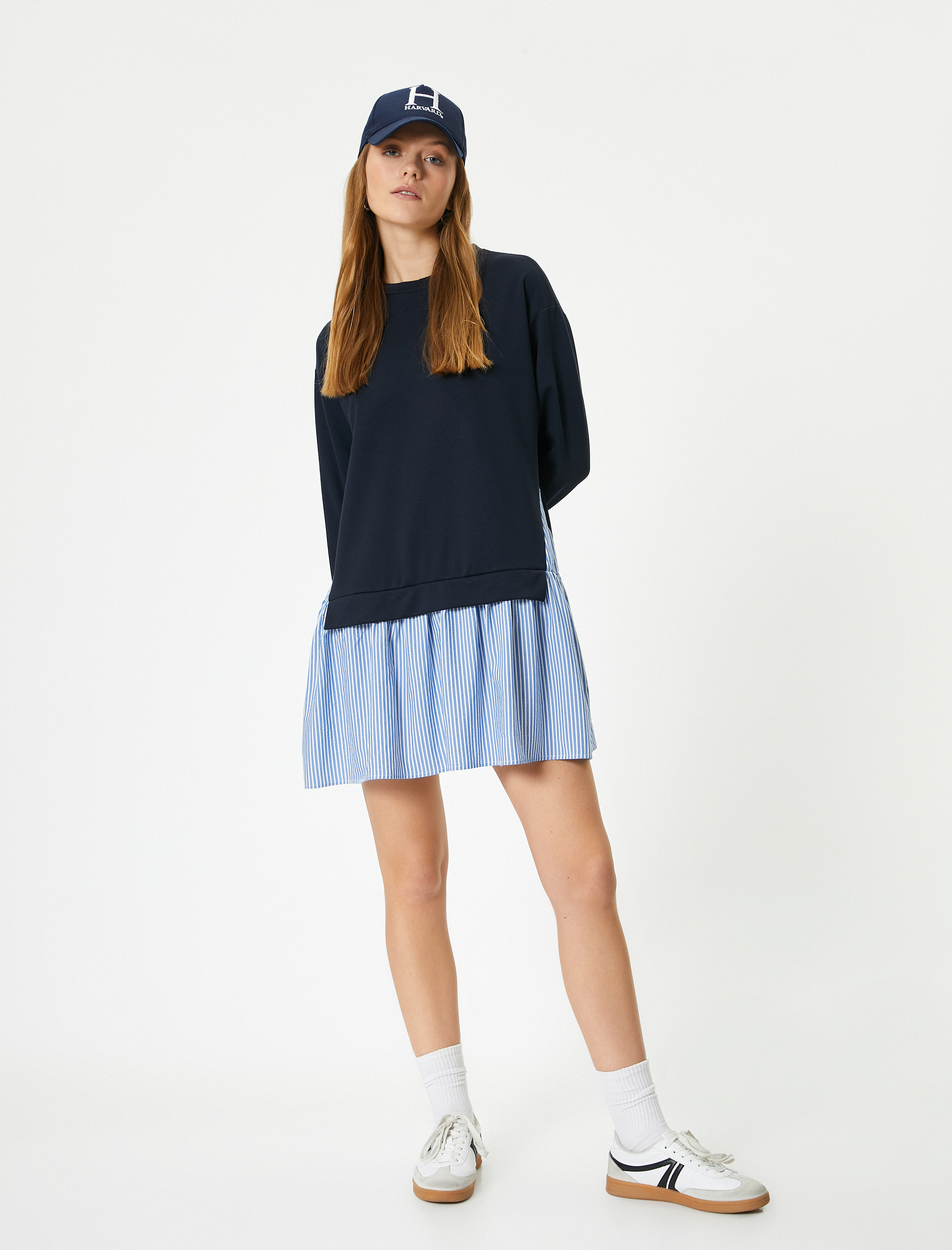   Sweat Elbise Mini Çift Parça Görünümlü Bisiklet Yaka Uzun Kollu