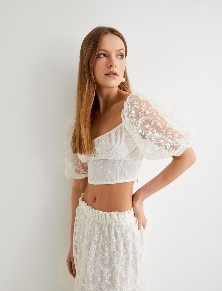  Crop Dantelli Bluz Balon Kollu Kare Yaka