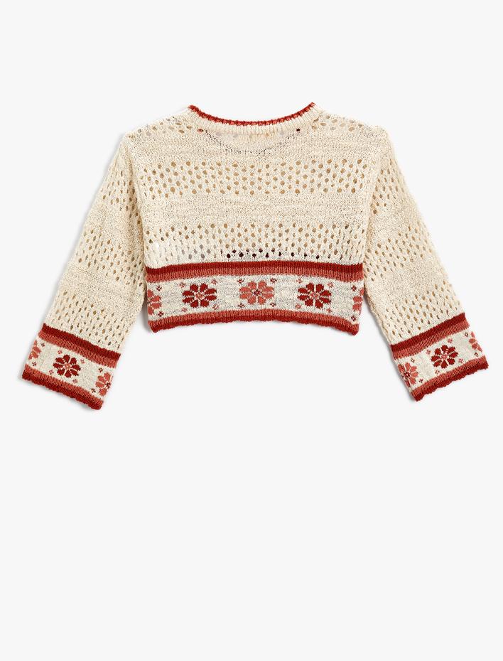 Kız Çocuk Crop Kazak Ajurlu Çiçek Detaylı