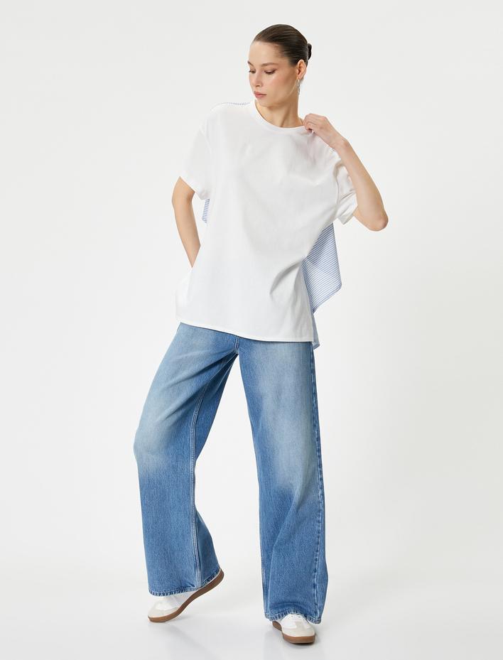  Arkası Asimetrik Kesim Çizgili Kısa Kollu Tişört İki Farklı Kumaş Kullanımlı Bisiklet Yaka