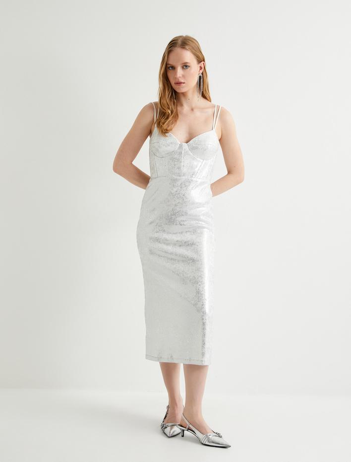  Midi Askılı Abiye Elbise Bridal Kalp Yaka Metalik Varak Baskılı