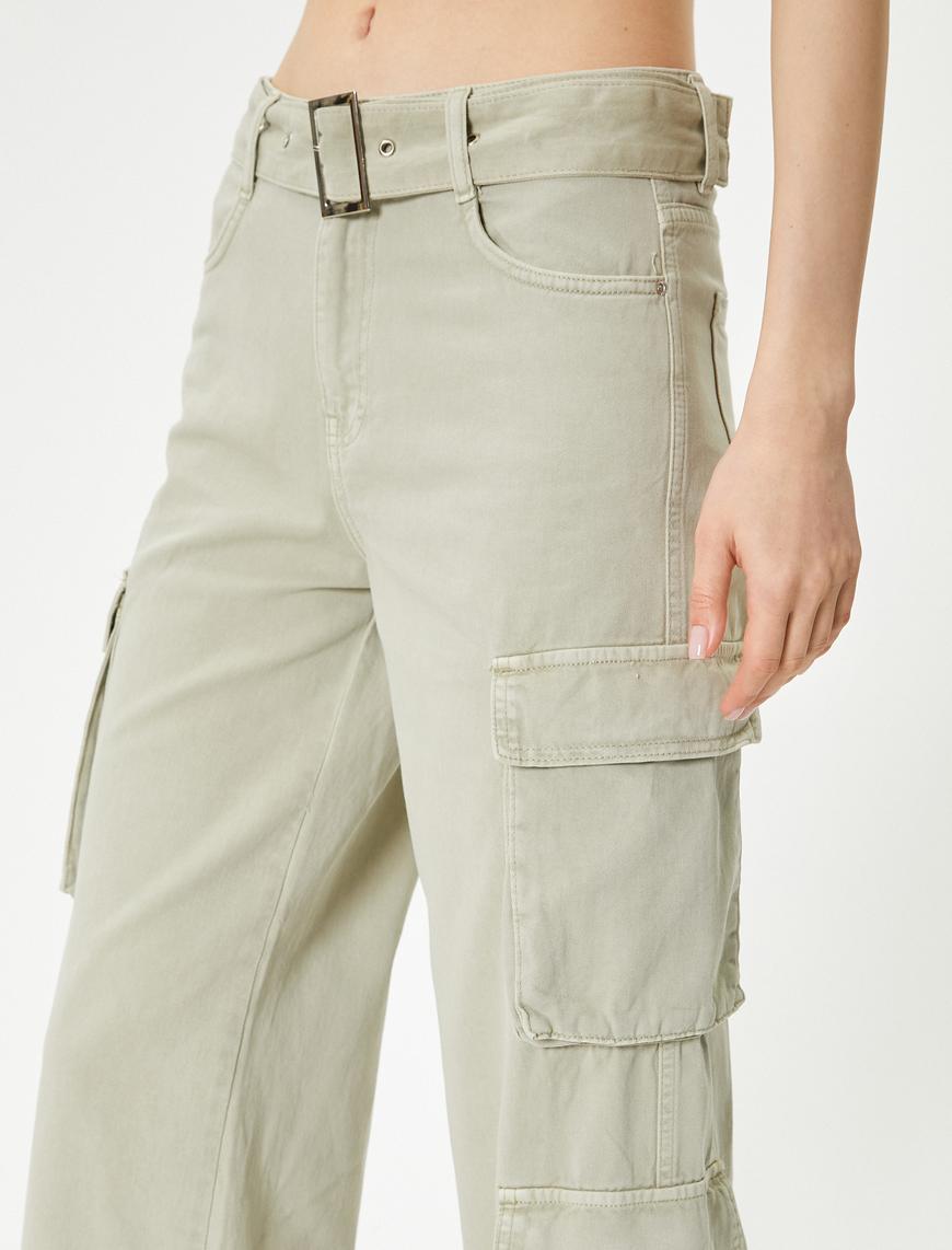   Geniş Paça Kargo Pantolon Kemerli Yüksek Bel Pamuklu -  Bianca Wide Leg Cargo Jeans