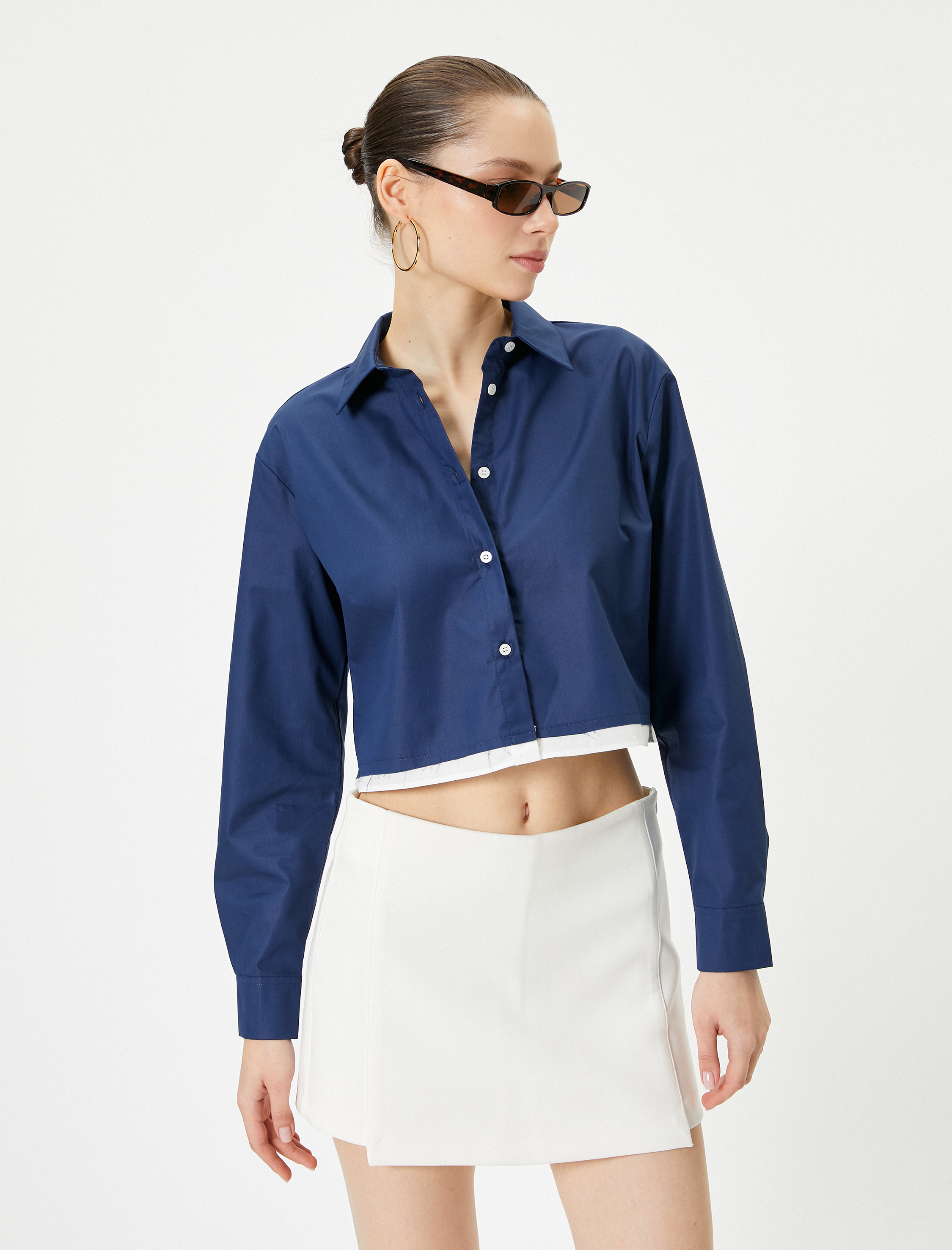   Crop Poplin Gömlek Etek Ucu Renk Kontrastlı Uzun Kollu Pamuklu