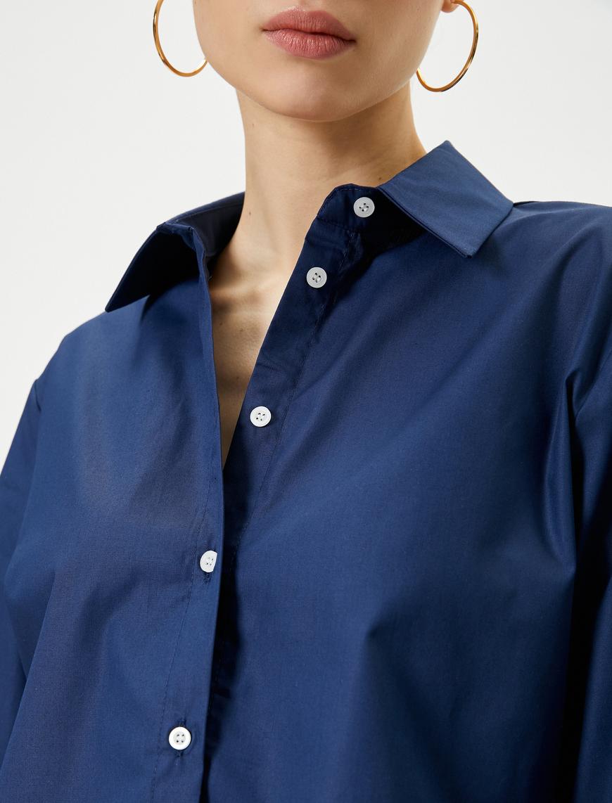   Crop Poplin Gömlek Etek Ucu Renk Kontrastlı Uzun Kollu Pamuklu