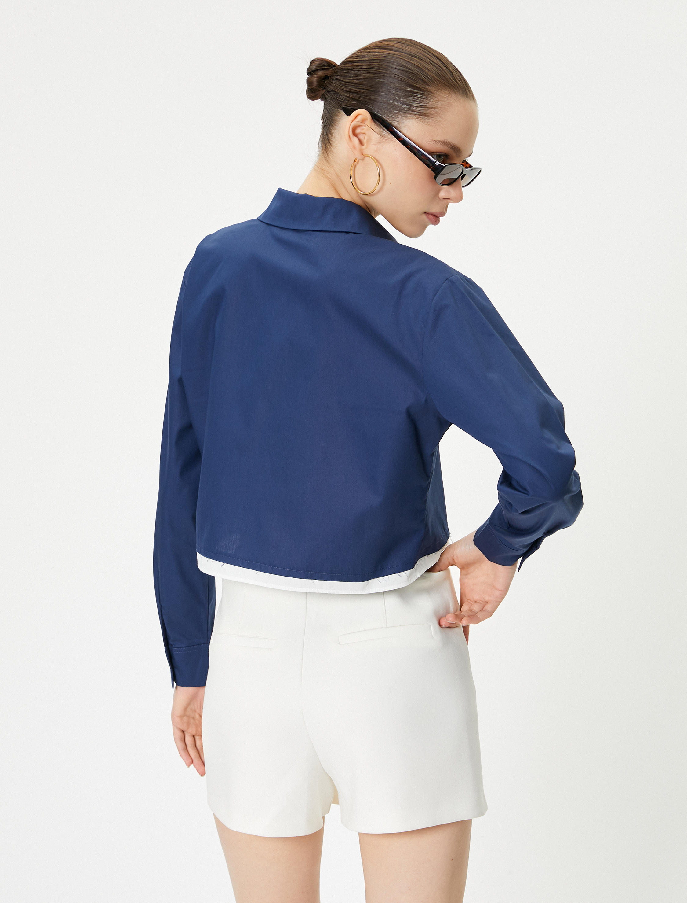   Crop Poplin Gömlek Etek Ucu Renk Kontrastlı Uzun Kollu Pamuklu