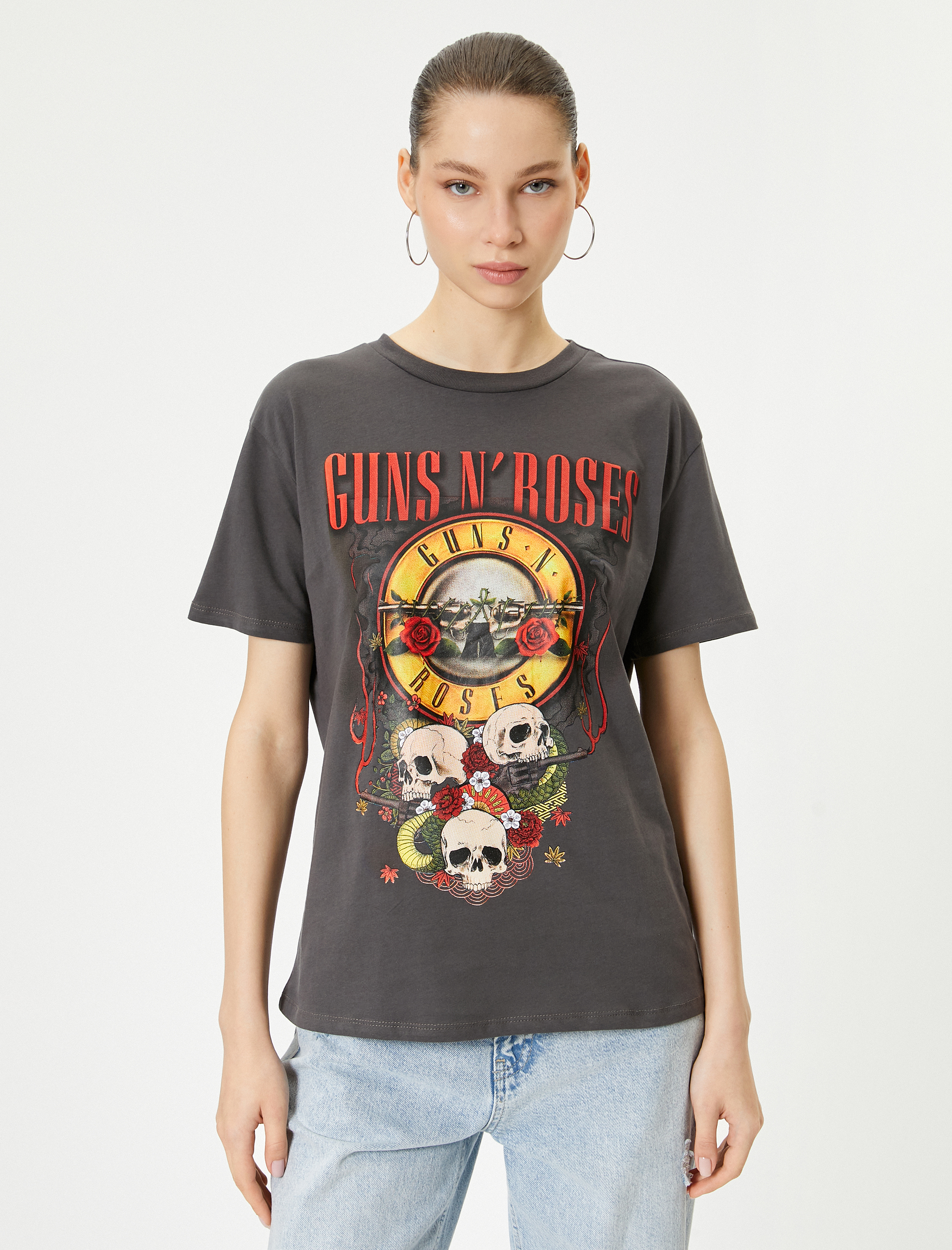 Siyah Guns N'Roses Tişört Lisanslı Kısa Kollu Bisiklet Yaka Rahat