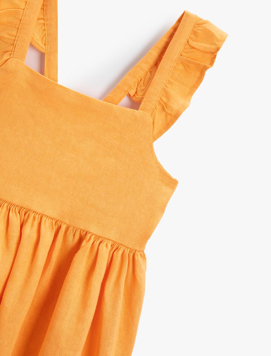  Kız Bebek Keten Elbise Fırfır Detaylı Arkası Çapraz Askılı