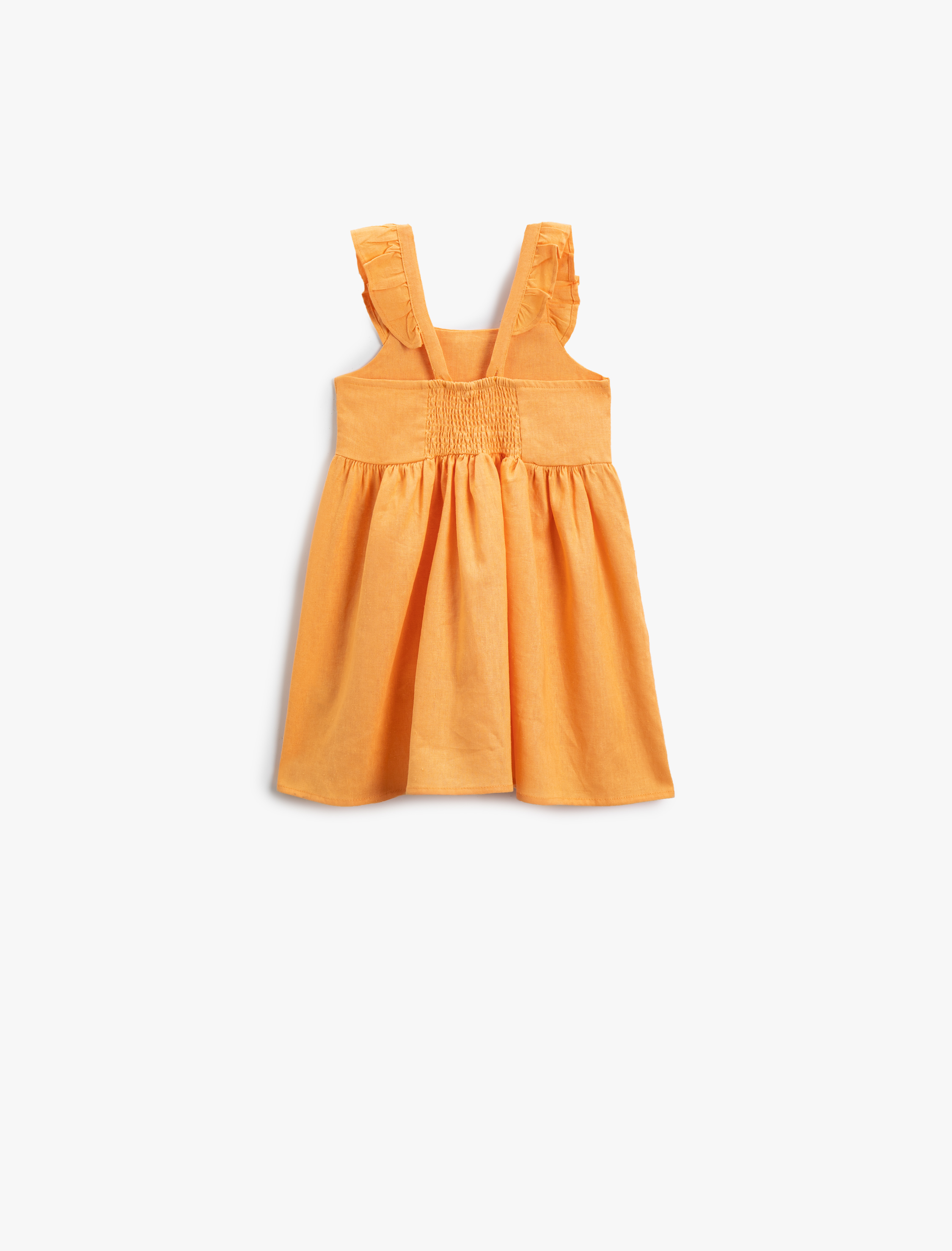  Kız Bebek Keten Elbise Fırfır Detaylı Arkası Çapraz Askılı