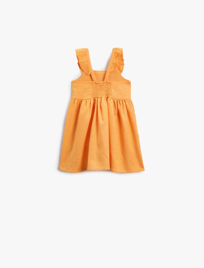 Kız Bebek Keten Elbise Fırfır Detaylı Arkası Çapraz Askılı