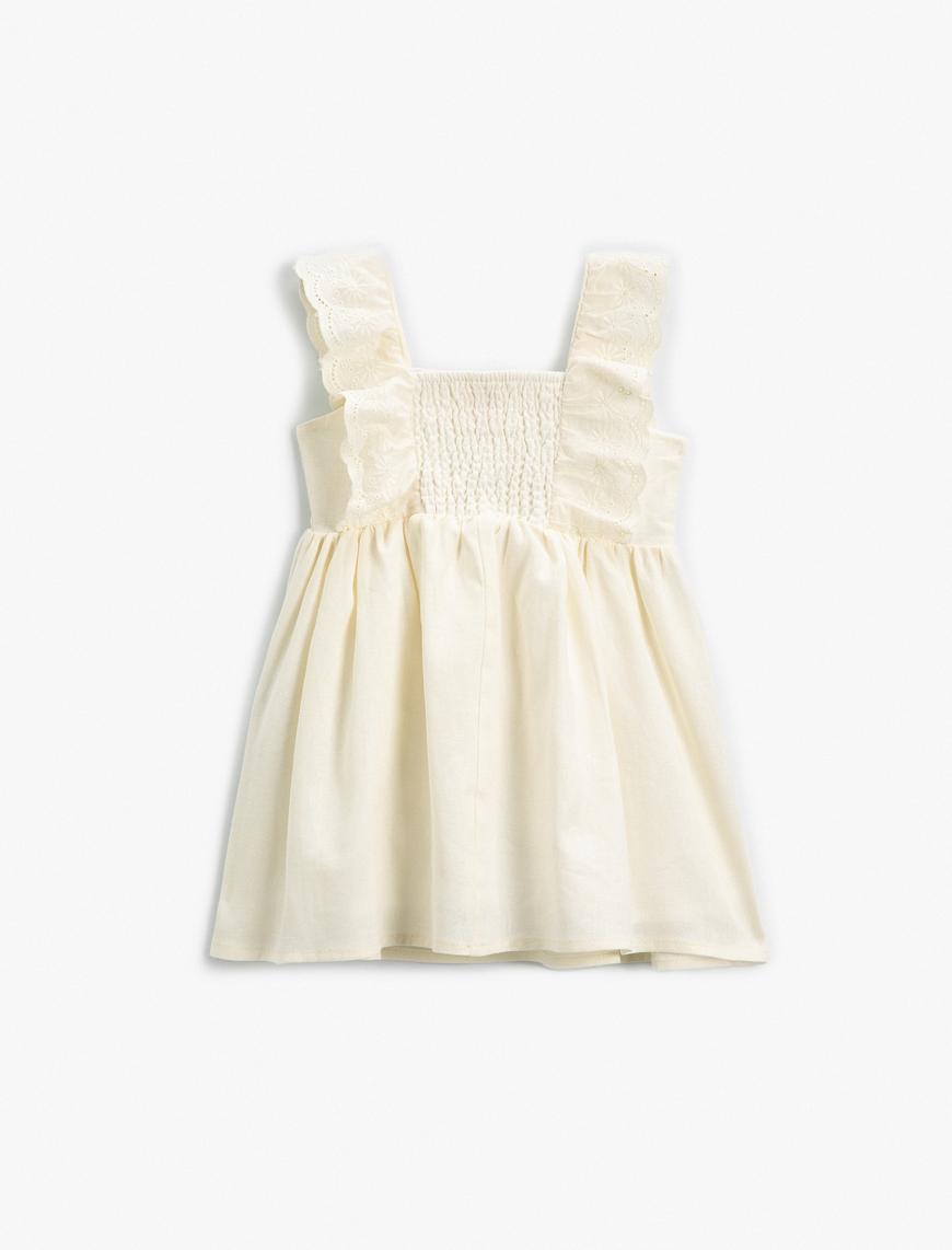  Kız Bebek Elbise Kısa Kollu Fırfırlı Keten Karışımlı