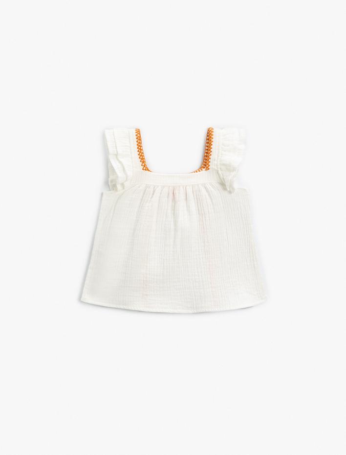 Kız Bebek Müslin Bluz İşlemeli Fırfır Kollu Kare Yaka Pamuklu