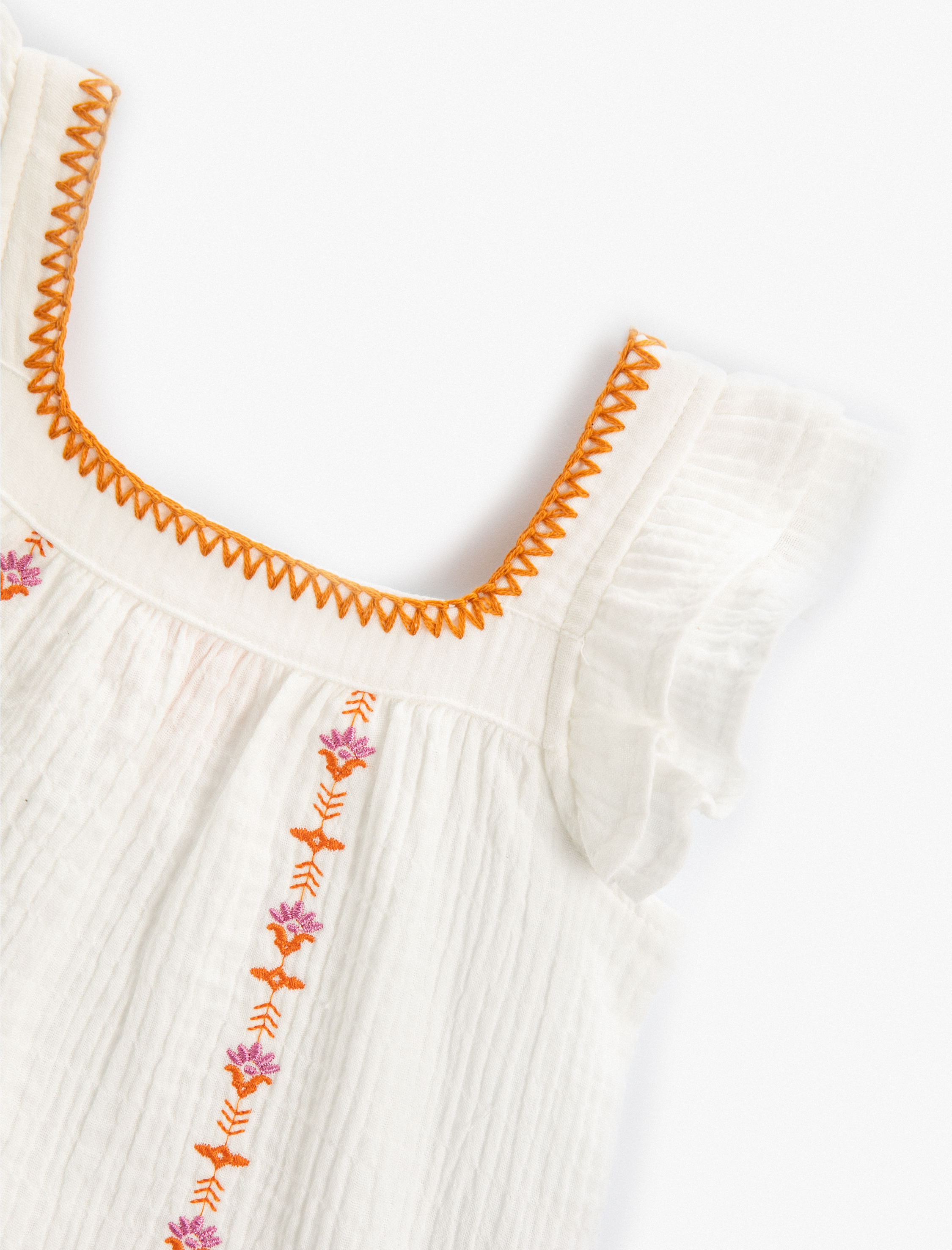  Kız Bebek Müslin Bluz İşlemeli Fırfır Kollu Kare Yaka Pamuklu