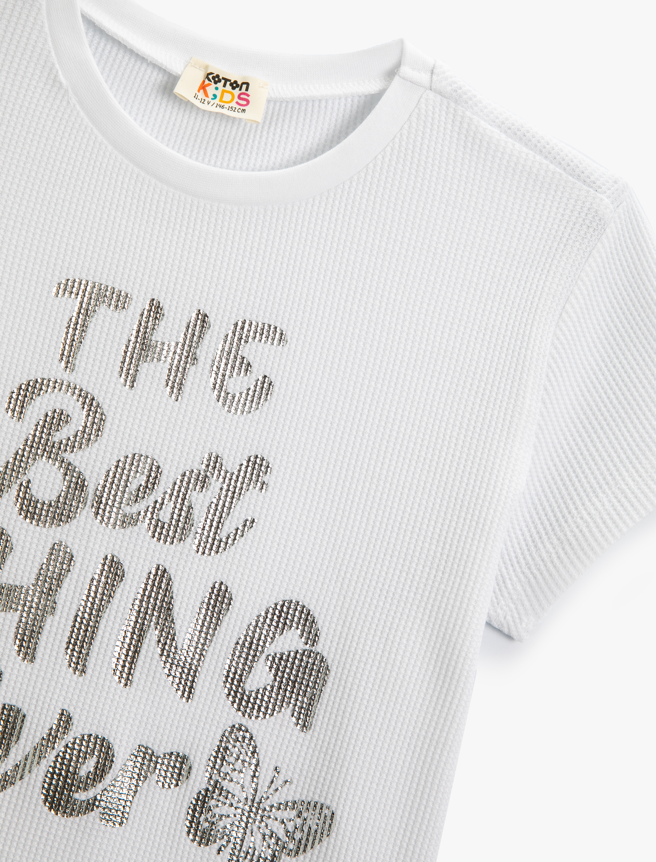  Kız Çocuk Tişört Slogan Baskılı Kısa Kollu Bisiklet Yaka Dokulu Pamuklu