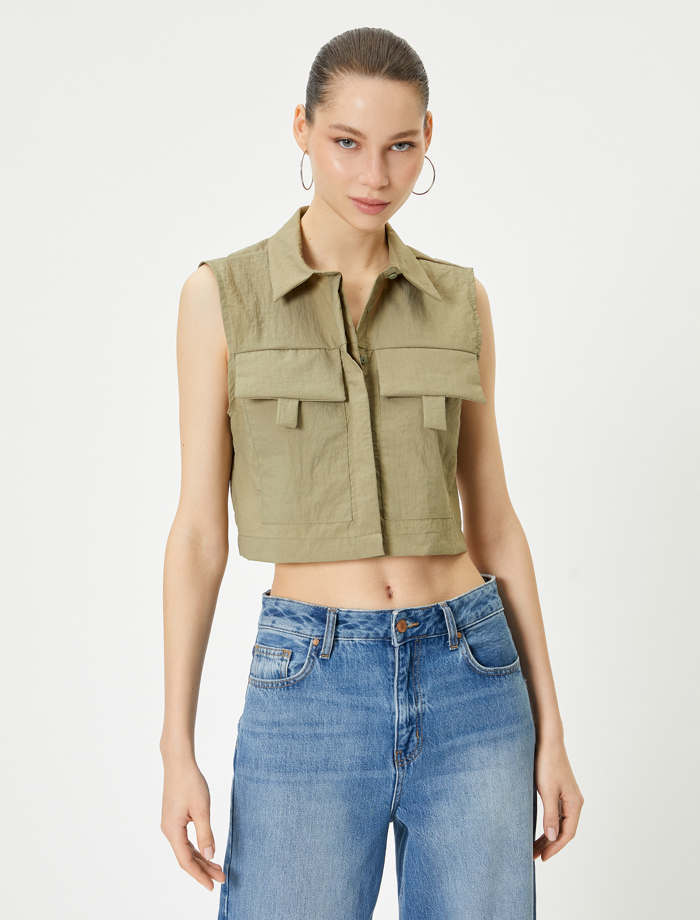   Kısa Kolsuz Gömlek Paraşüt Kumaş Kapaklı Cep