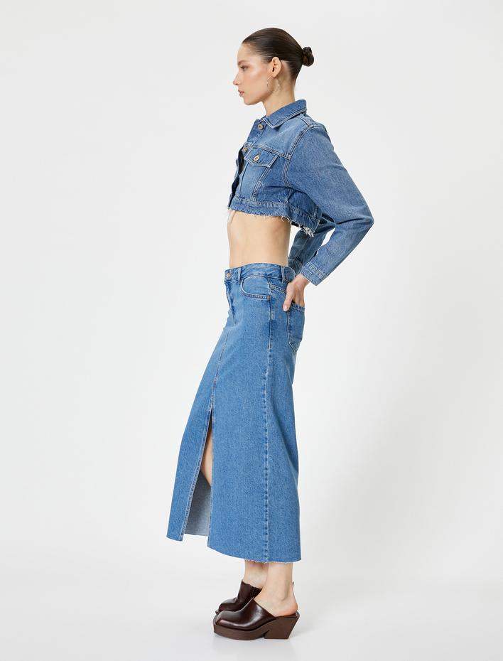  Uzun Kot Etek Önden Yırtmaç Detaylı Yüksek Bel Cepli Rahat Kalıp