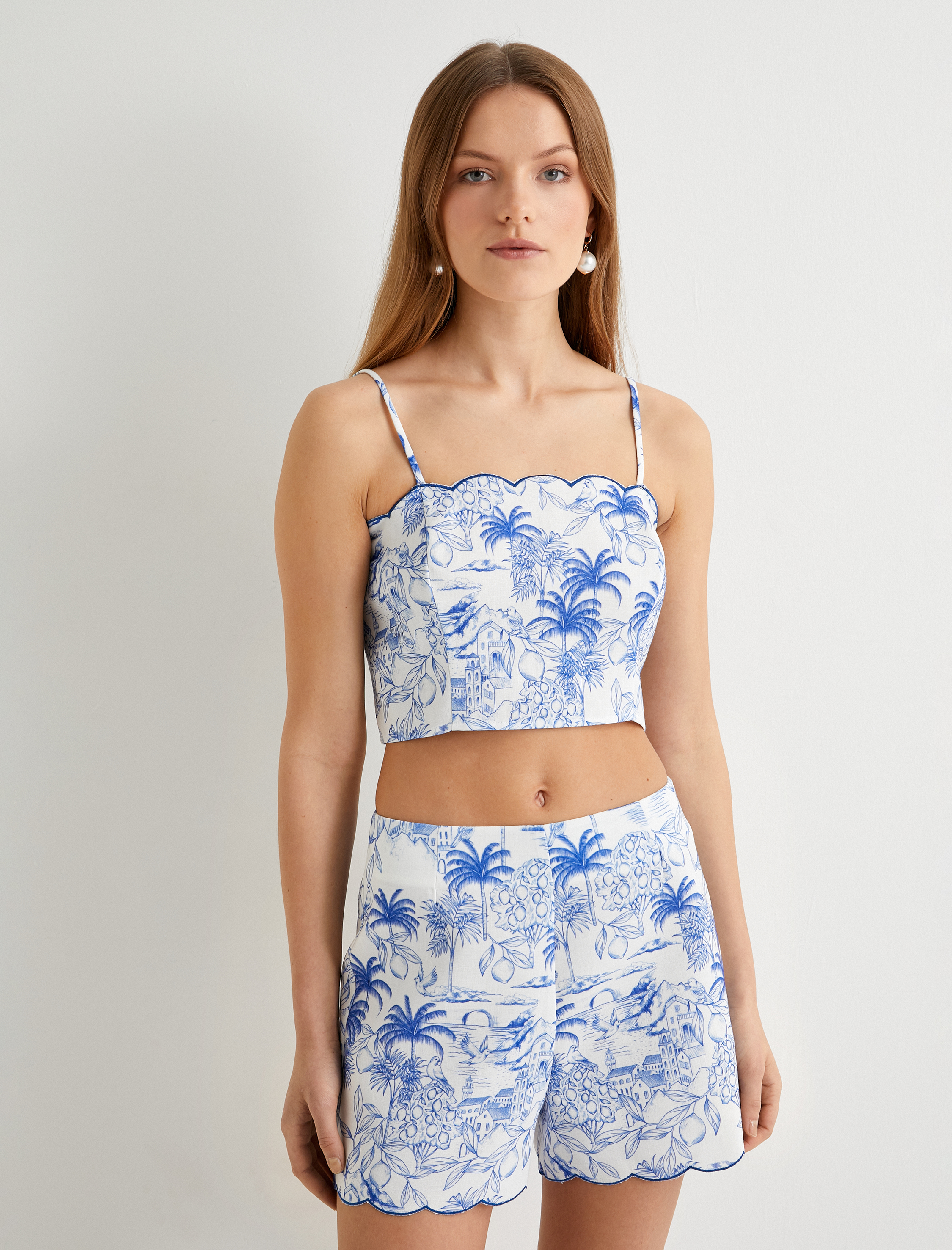   Crop Büstiyer İnce Askılı Tropikal Baskılı