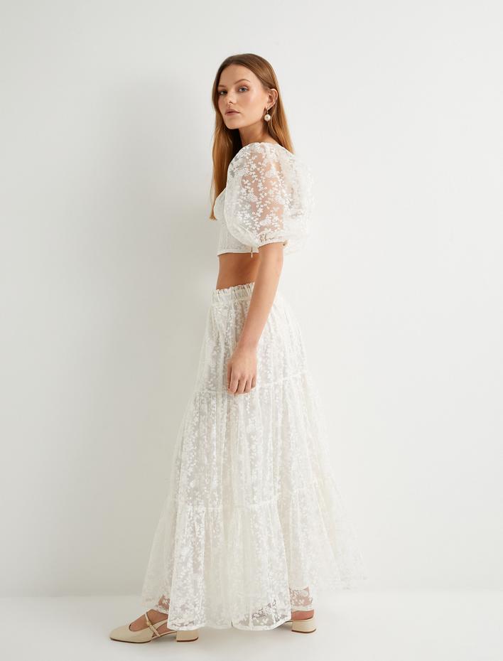  Uzun Etek Dantelli Çiçekli Volanlı Normal Bel